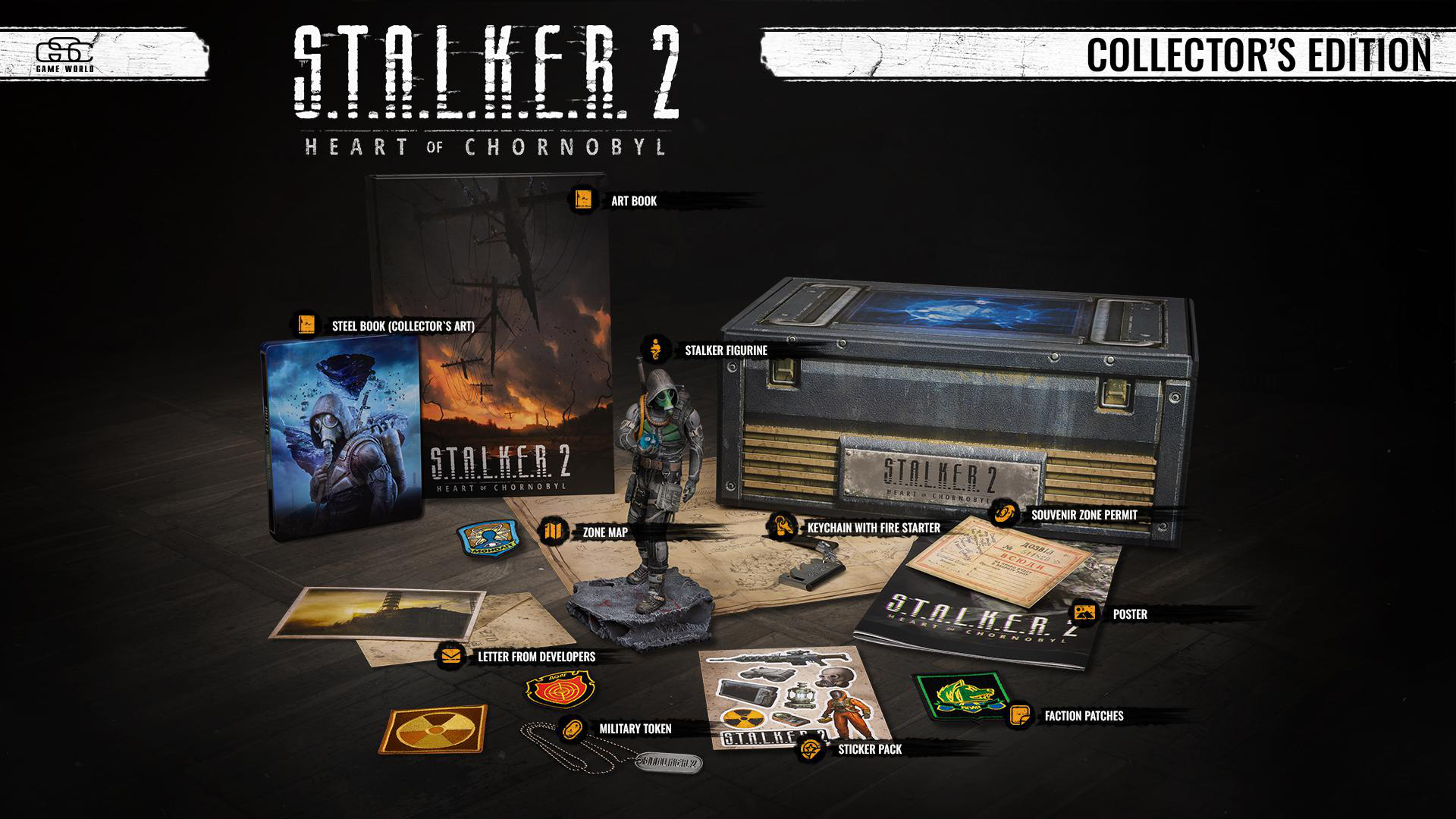 Stalker 2 Collector's Edition. Enthält Spiel, Artbook, Figur, Karte, Patches, Aufkleber, Poster und andere Artikel.