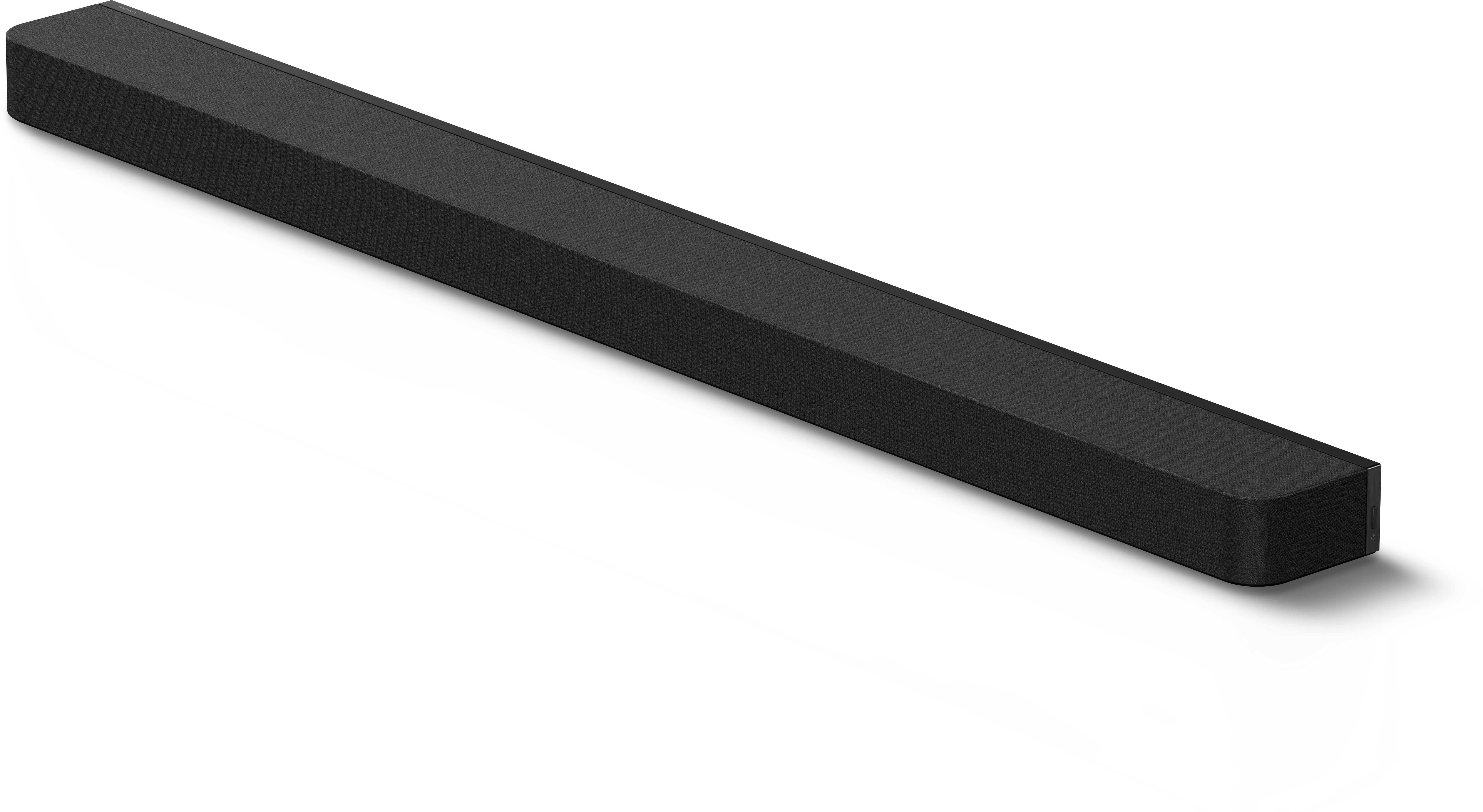 Hosszú, fekete soundbar fehér háttérrel, minimalista design.