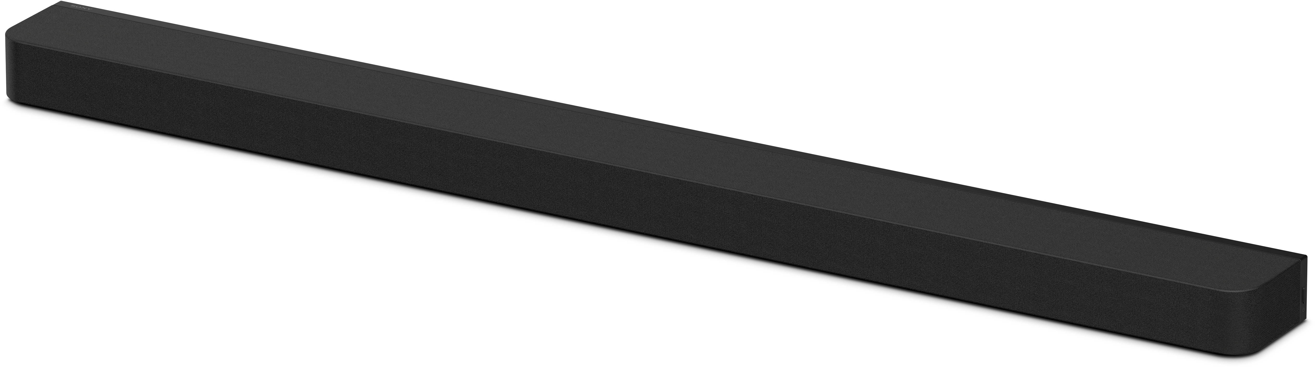Fekete soundbar fehér háttéren. Téglalap alakú, enyhén texturált felület.