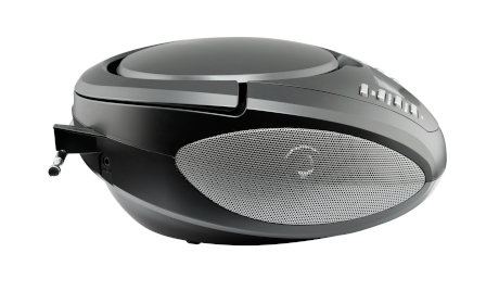 Czarno-szare radio w stylu boombox na białym tle, pokazujące przód i bok.