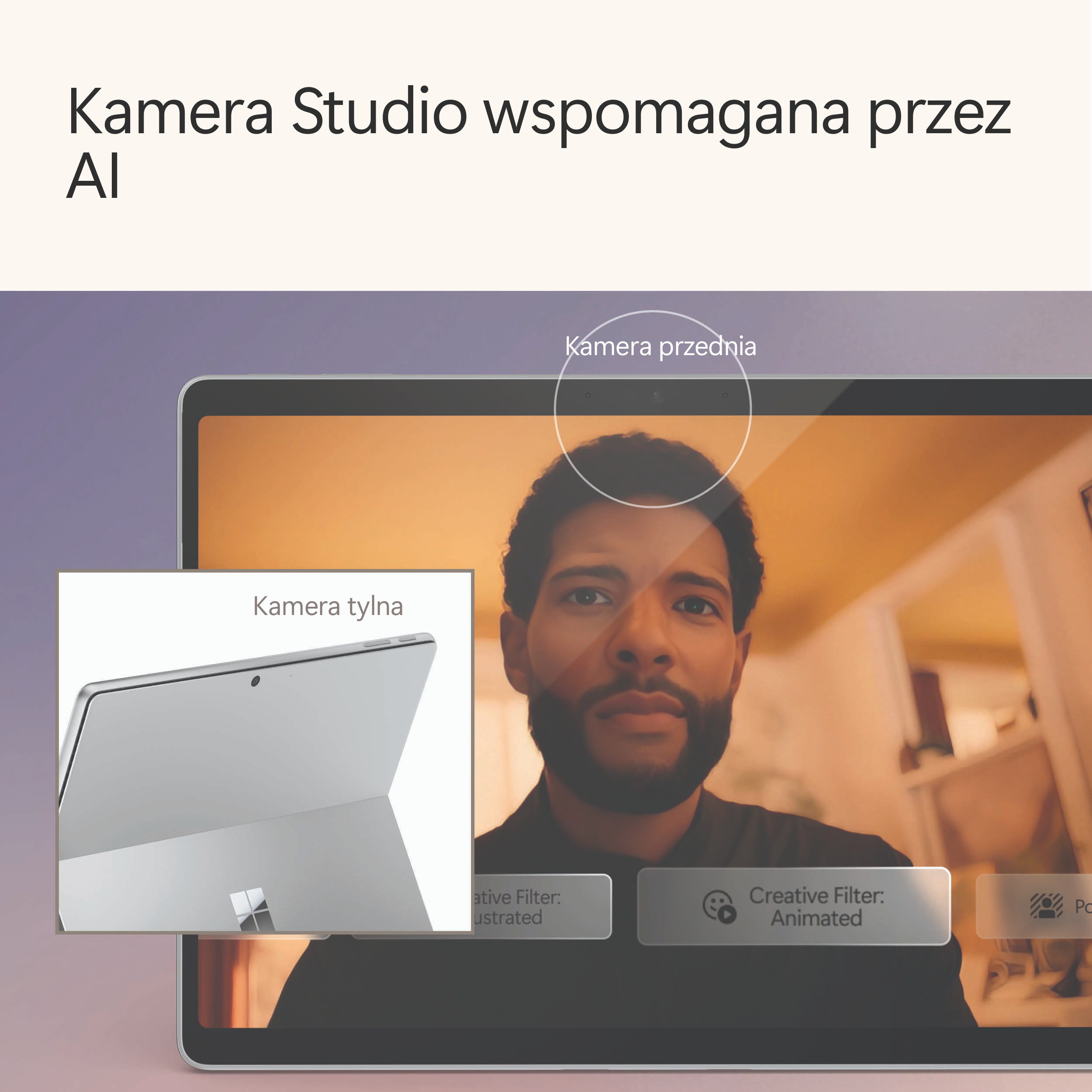 Ekran pokazujący twarz mężczyzny ze szczegółami tylnej kamery.