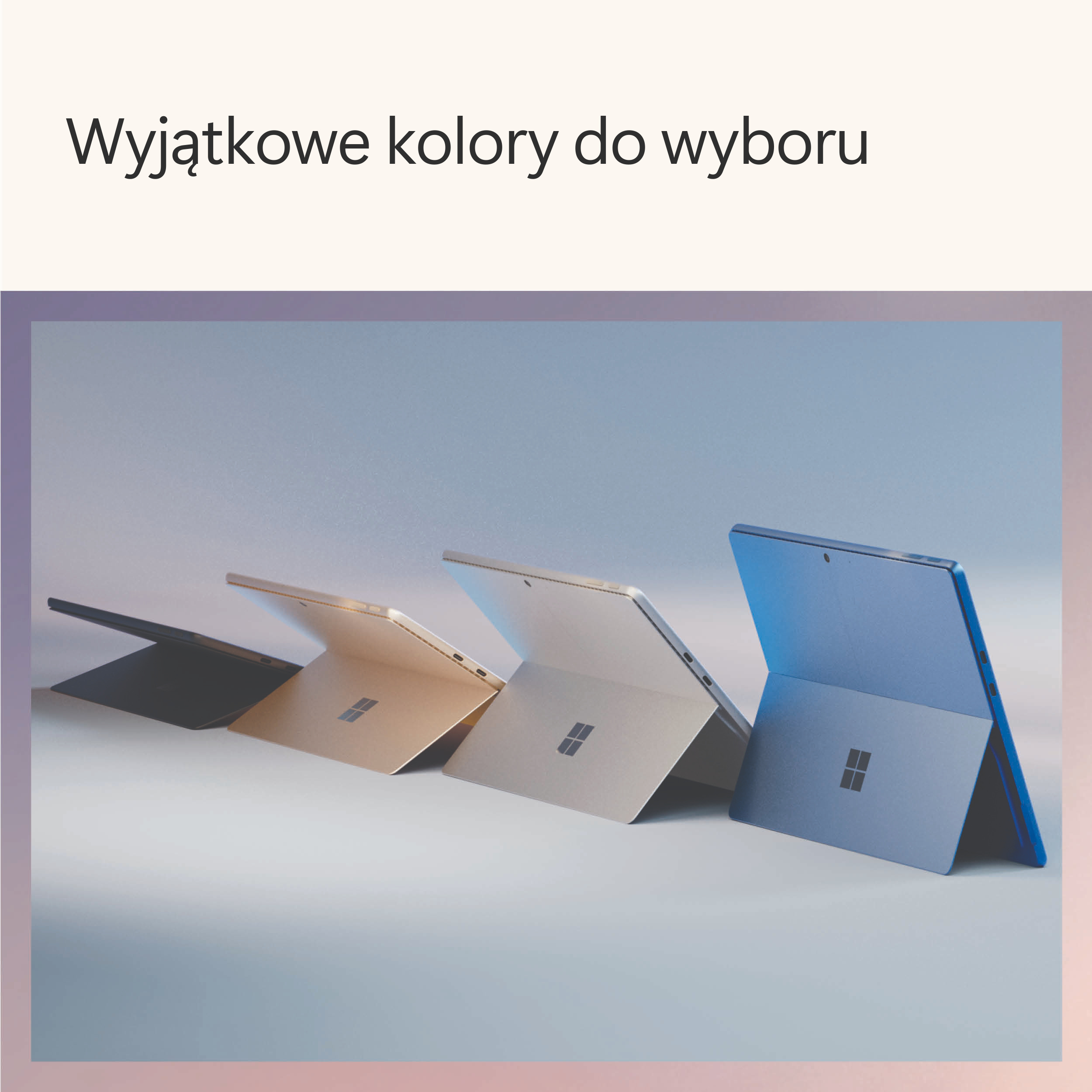 Tablety w różnych kolorach ustawione. Tekst po polsku mówi 'Wyjątkowe kolory do wyboru'.