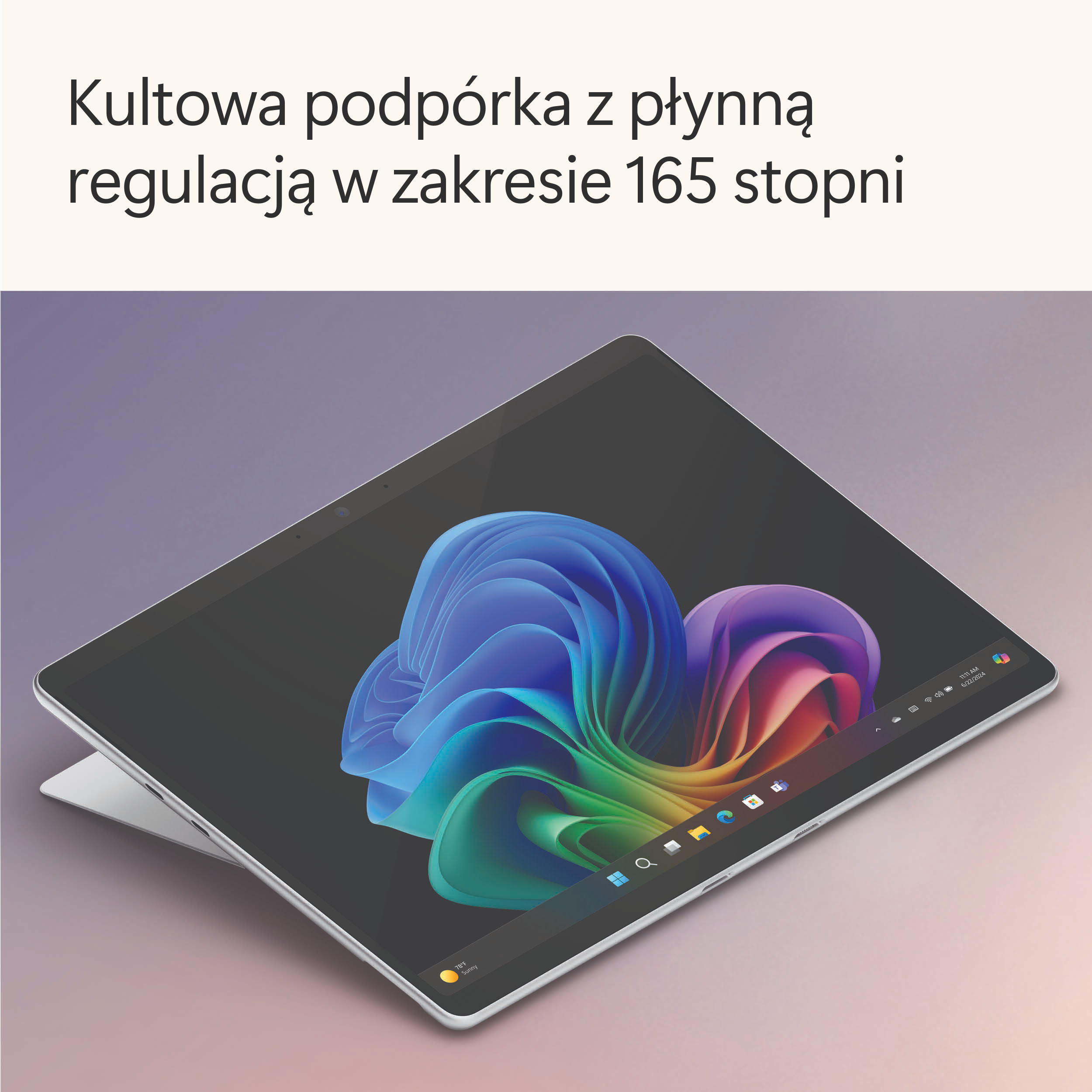 Tablet z kolorowym ekranem, białą podstawką i tekstem powyżej. Różowo-fioletowe tło gradientowe.