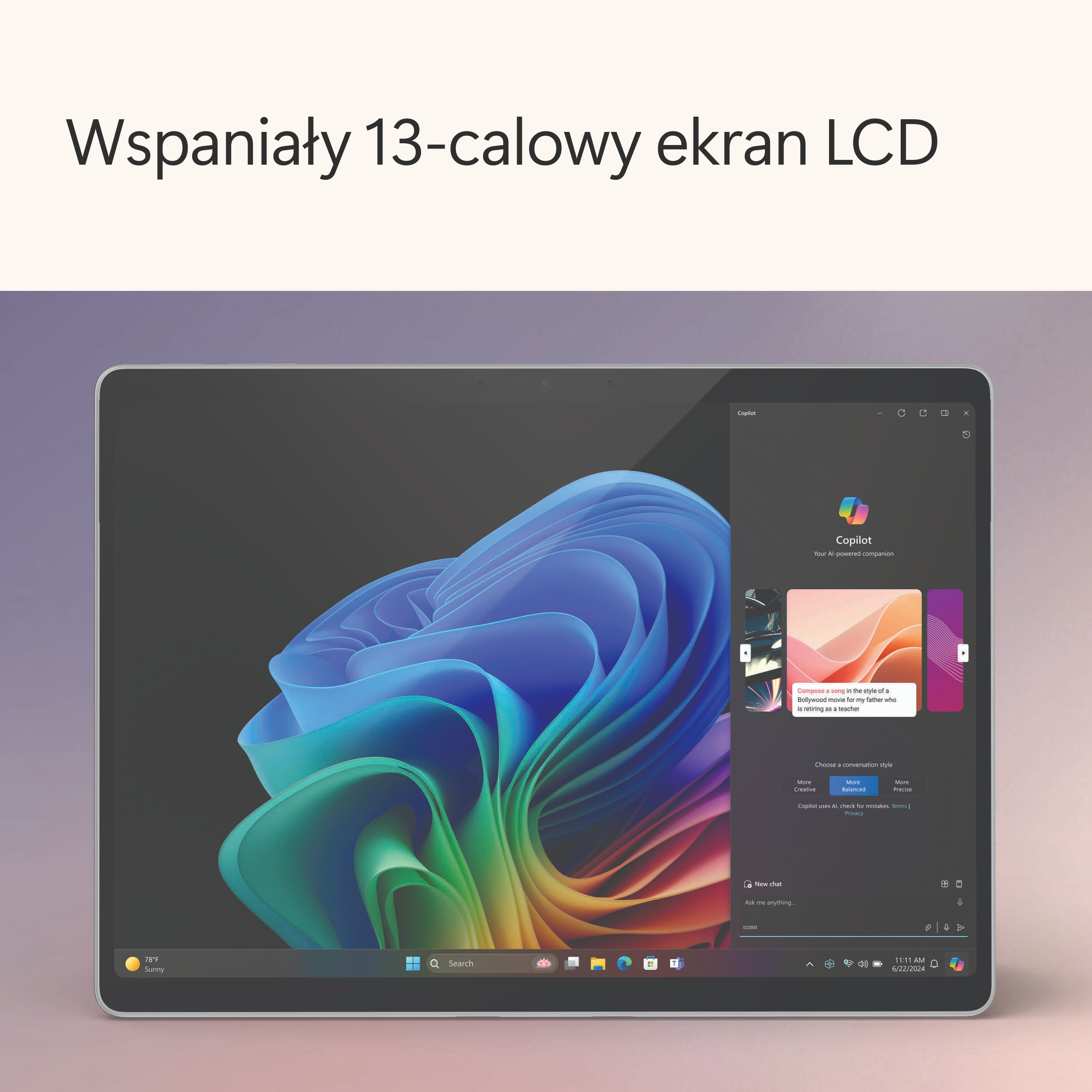 Laptop wyświetlający interfejs Copilot z tłem Windows 11.