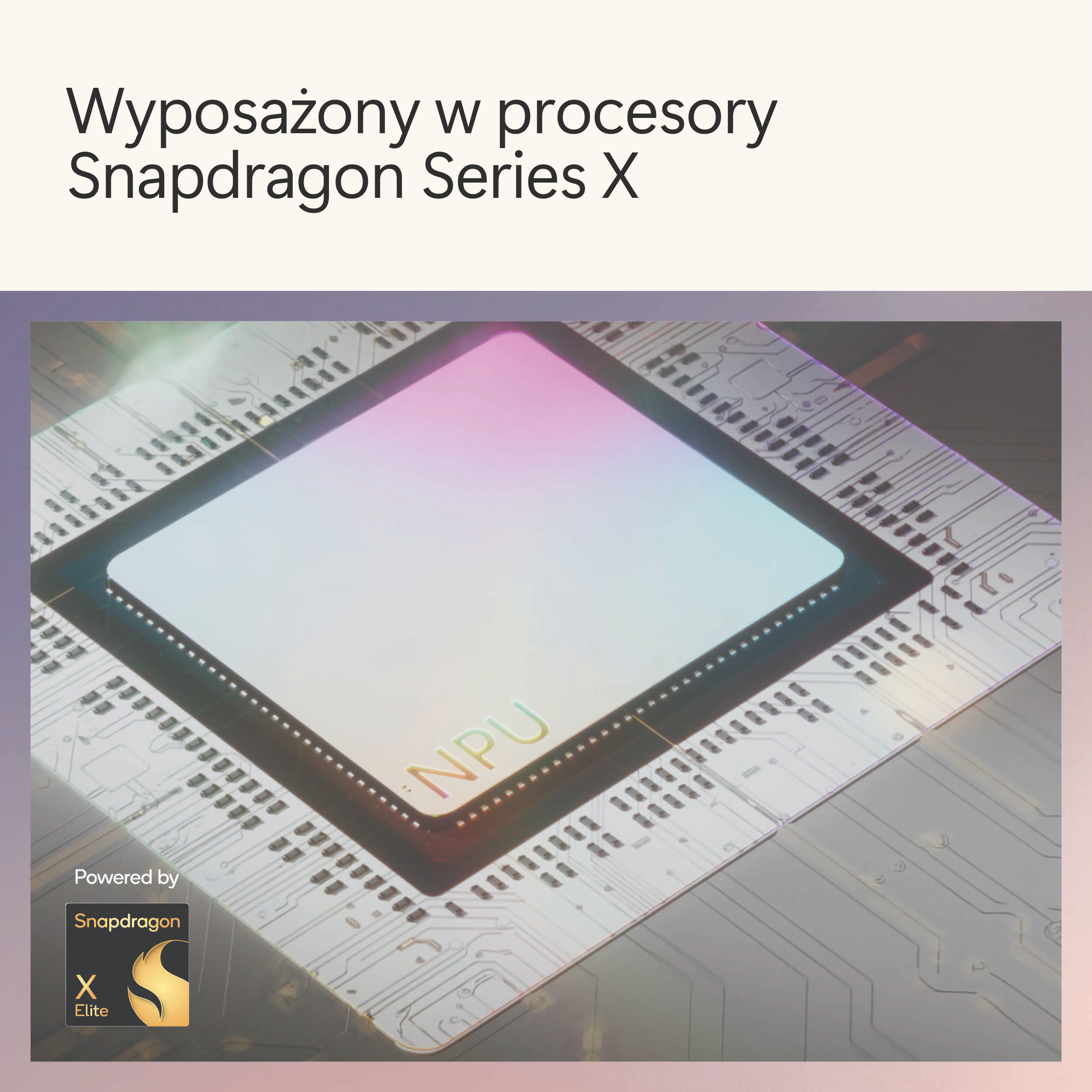 Zbliżenie na procesor z logo Snapdragon, z kolorowymi akcentami świetlnymi.