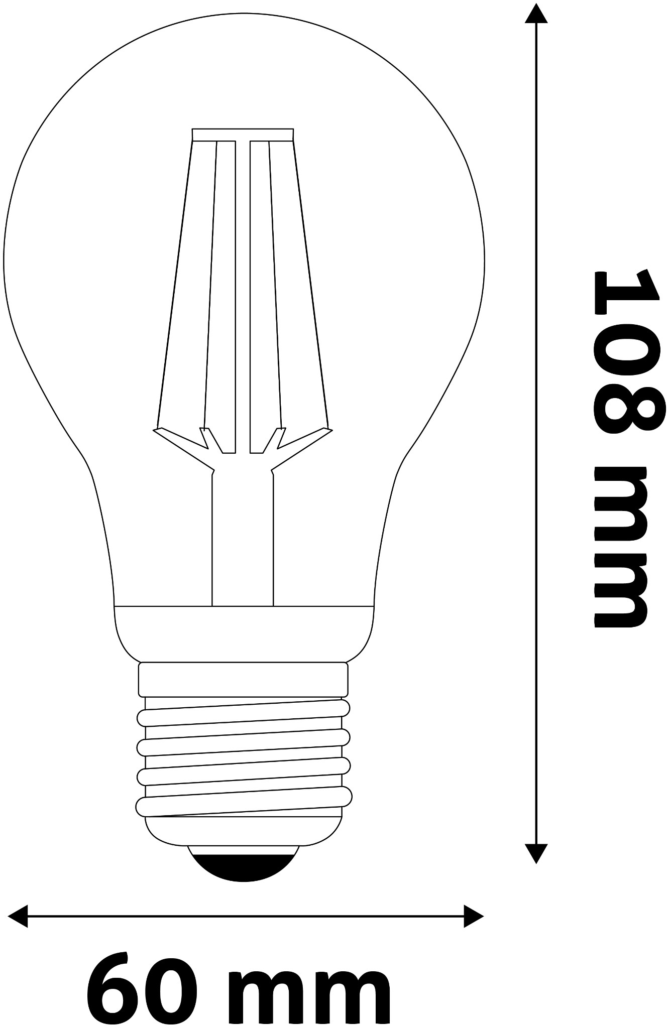 Egy izzó vonalas rajza, méretekkel: 60 mm széles, 108 mm magas.