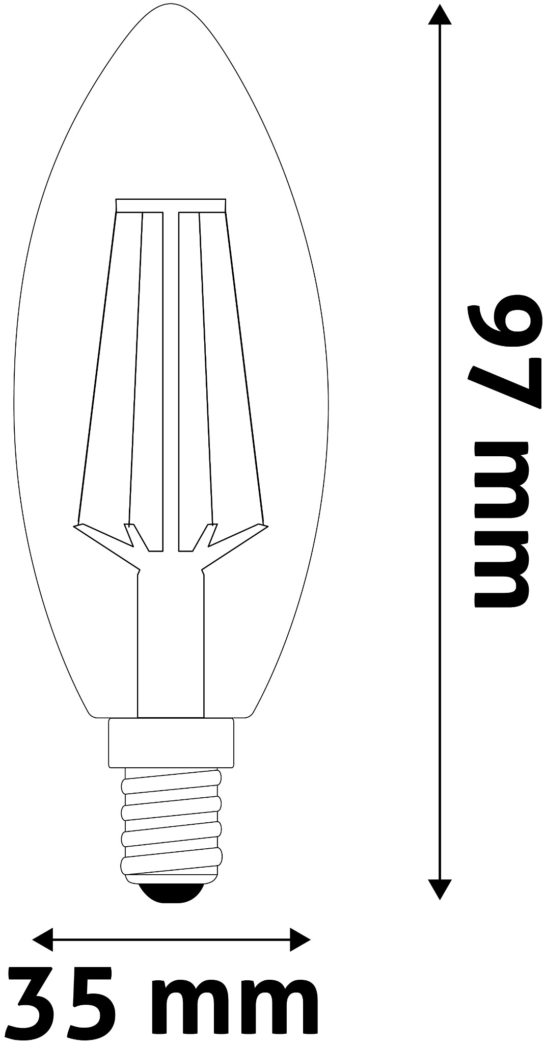 Egy izzó körvonala csavaros aljzattal, 35 mm x 97 mm méretekkel.