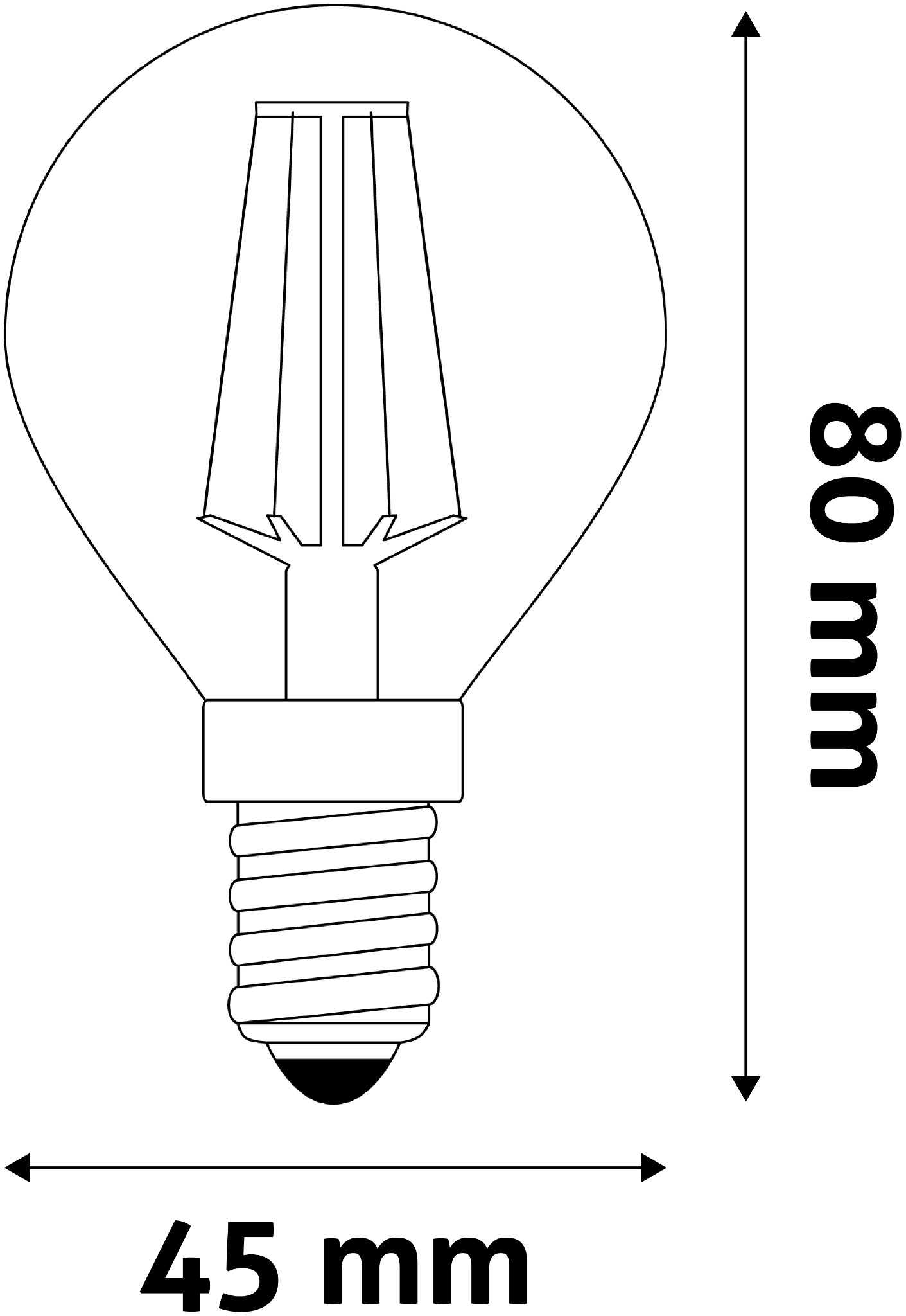 LED izzó vonalrajza, méretekkel: 80 mm magasság, 45 mm szélesség.