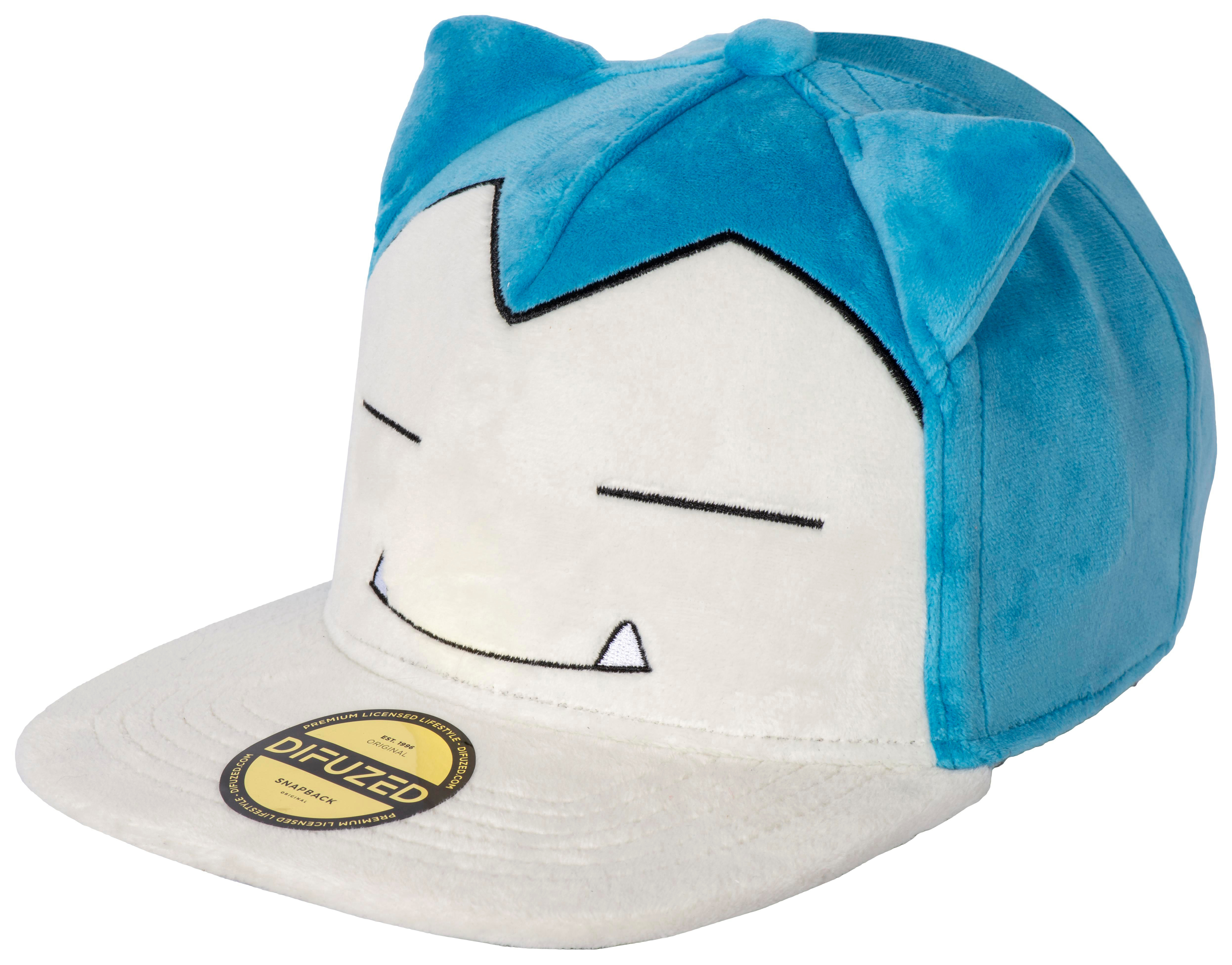 Snorlax-Hut mit blauen ohrenartigen Klappen und weißem Gesicht. Schwarze Umrisse und weißer Schirm.