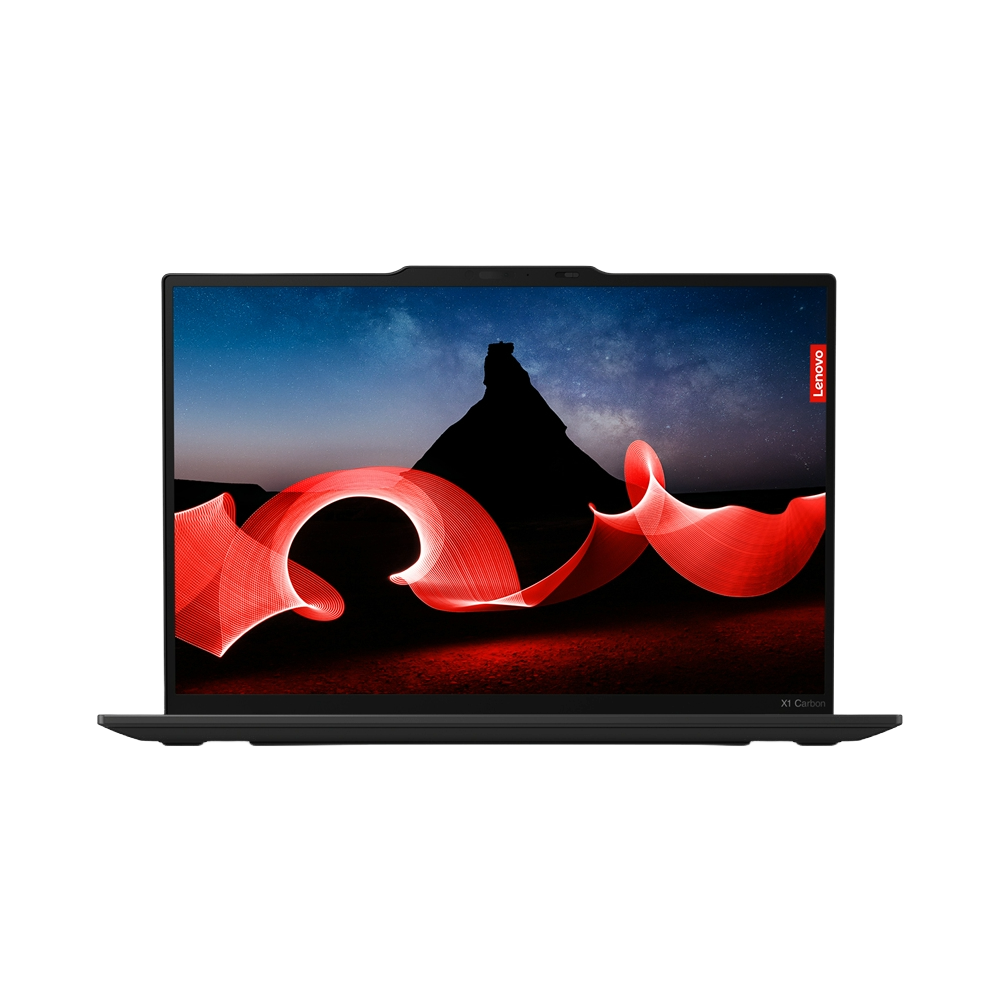 Laptop Lenovo con estela de luz roja sobre fondo oscuro.