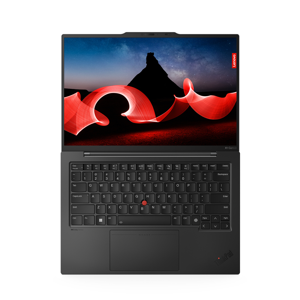 Ordenador portátil, negro, abierto, con pantalla que muestra un diseño de luz roja. Teclado visible, logotipo de Lenovo arriba.