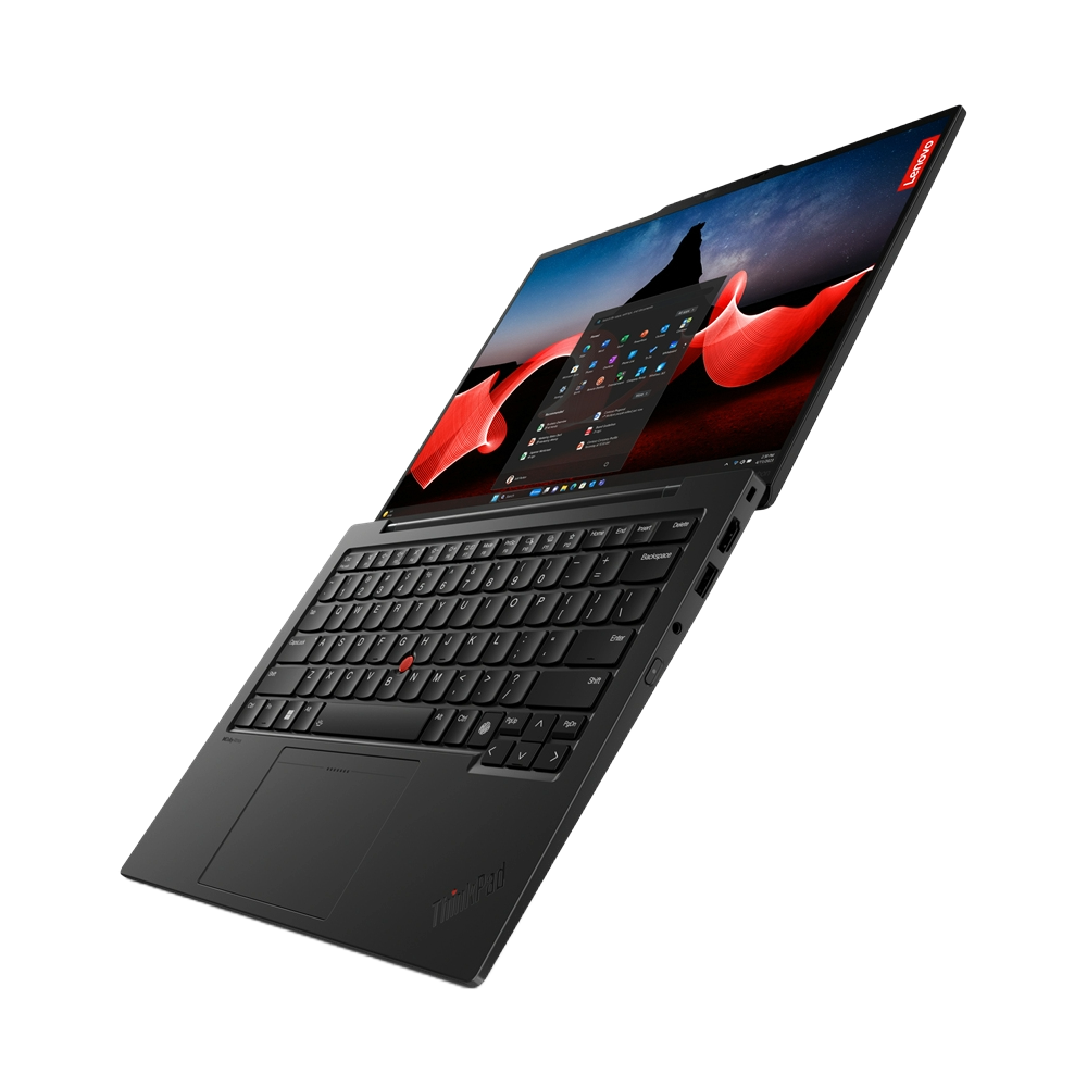 Portátil Lenovo ThinkPad negro, abierto, mostrando pantalla, teclado y panel táctil.