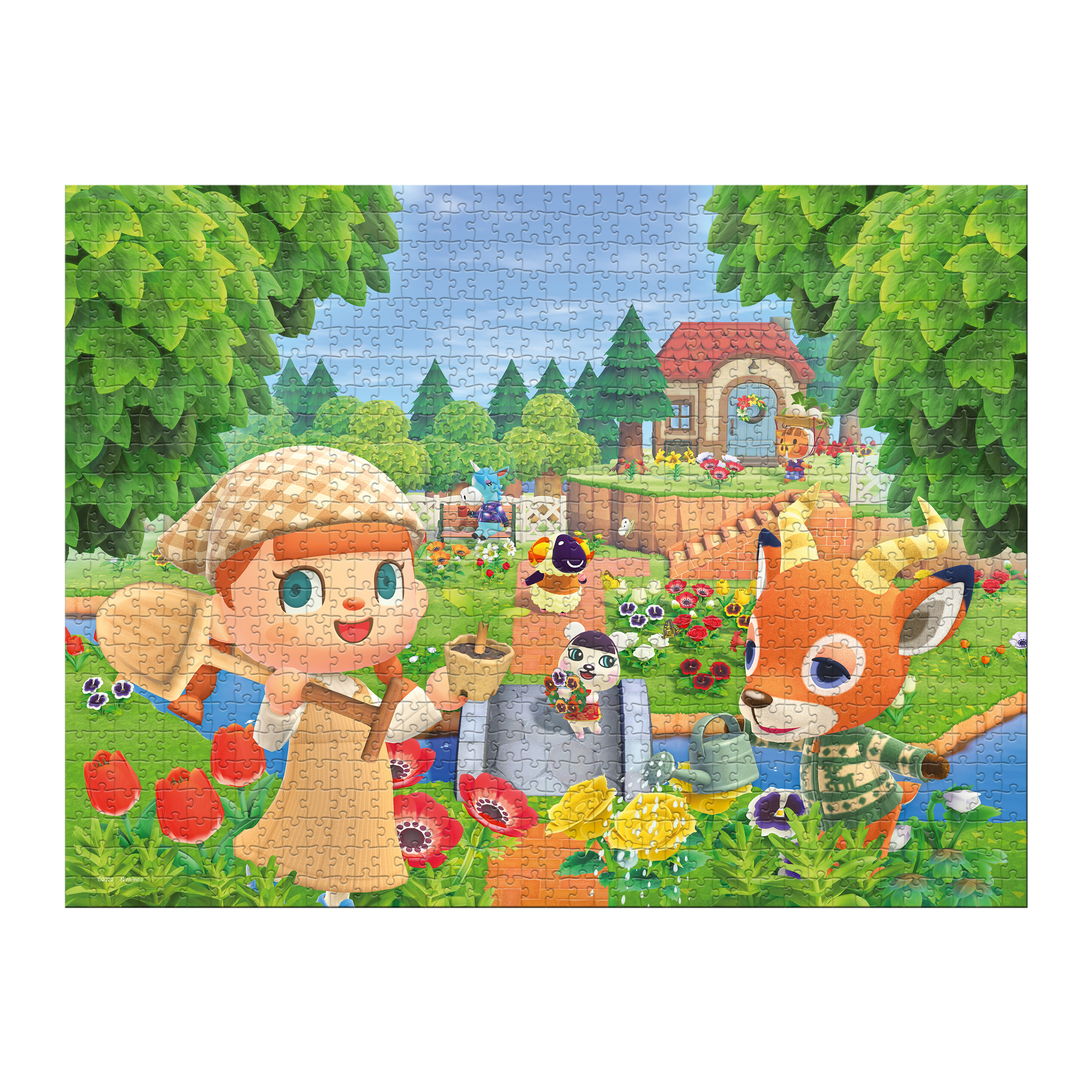 Animal Crossing Puzzle. Zeichentrickfiguren mit Bäumen, Blumen und einem Haus.