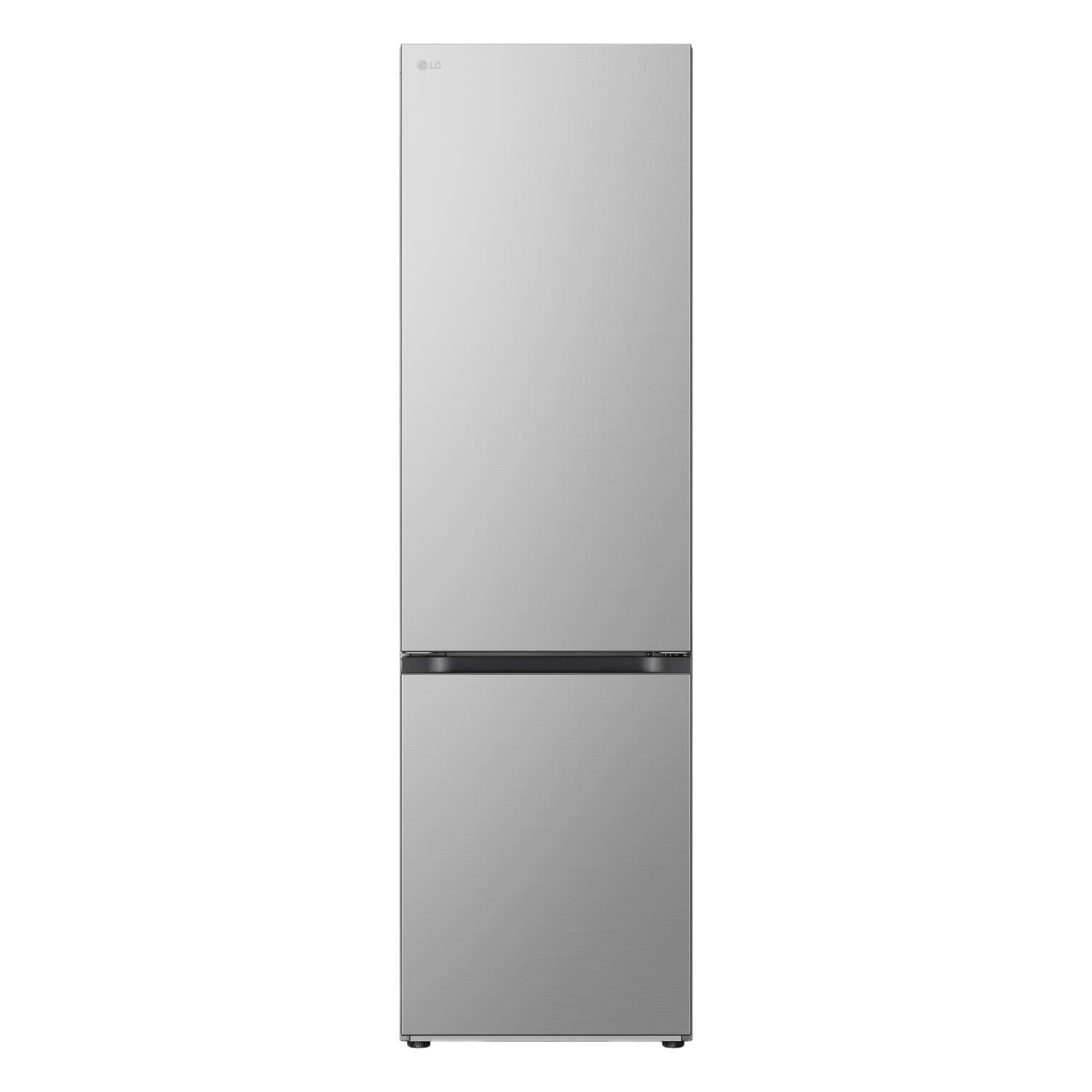 Réfrigérateur LG argenté avec une poignée noire. C'est un appareil grand et élégant sur fond noir.