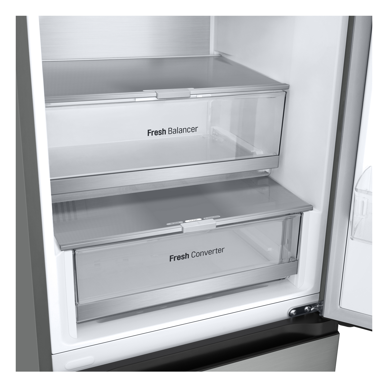 À l'intérieur d'un réfrigérateur : deux tiroirs transparents avec les étiquettes 'Fresh Balancer' et 'Fresh Converter'.