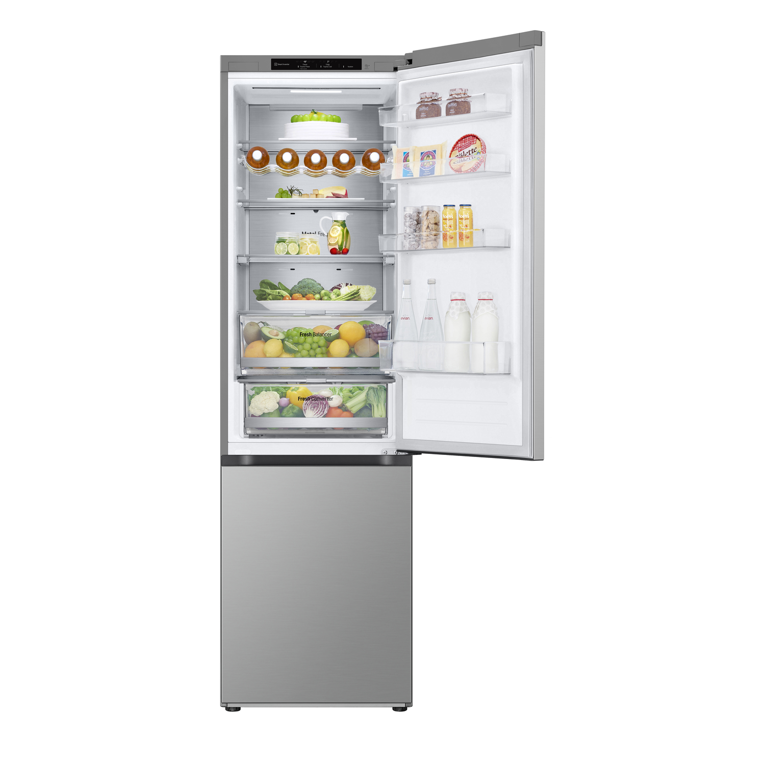 Un réfrigérateur LG argenté ouvert. Il est plein d'aliments sur les étagères et dans les tiroirs.