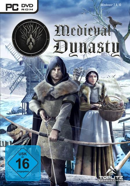 Medieval Dynasty-Spielcover. Zwei Personen mit Pfeil und Bogen in einer Winterszene. Ein Gebäude im Hintergrund.