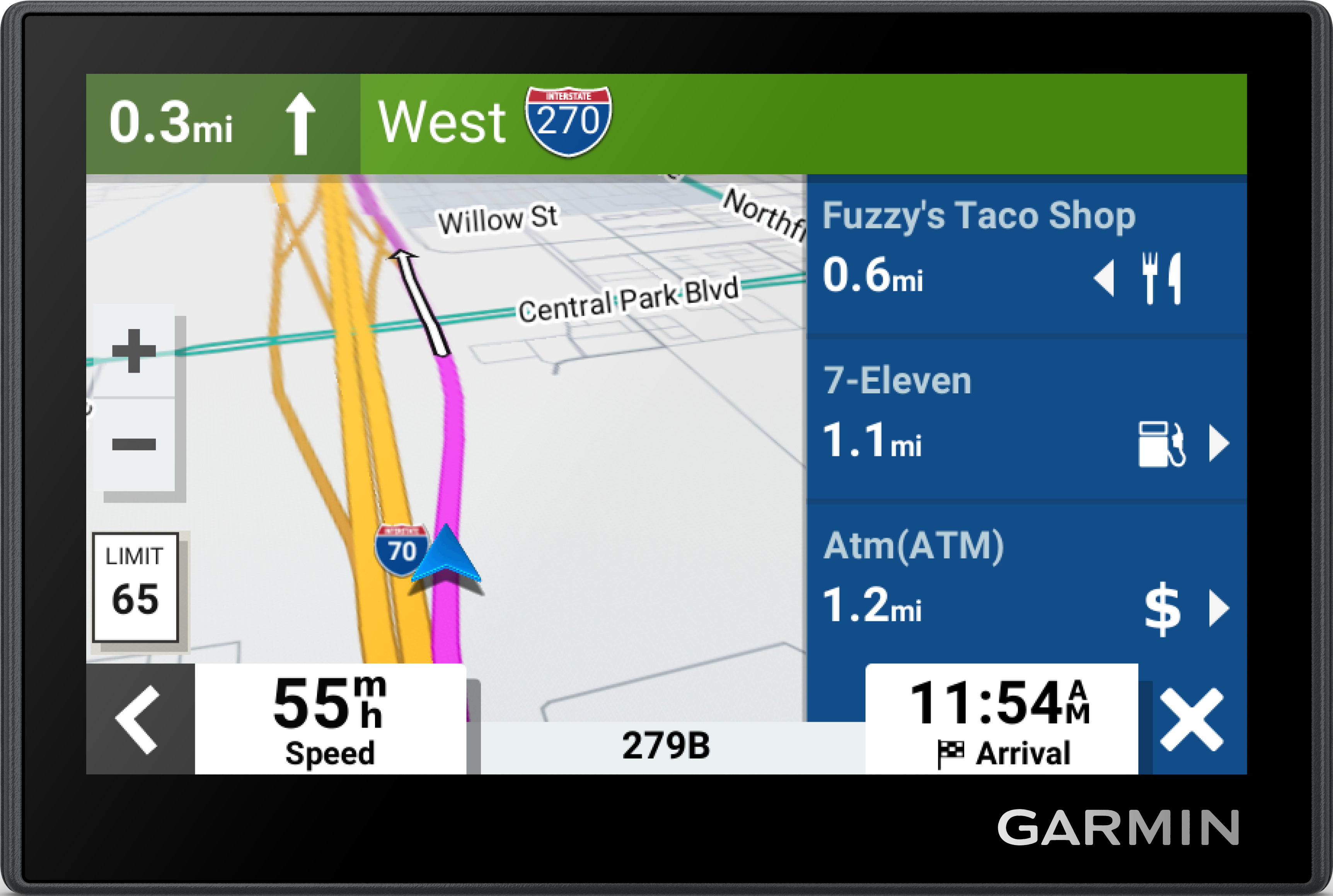 Un navigatore satellitare per auto con una mappa, che mostra le indicazioni per Fuzzy's Taco Shop e altre località vicine.