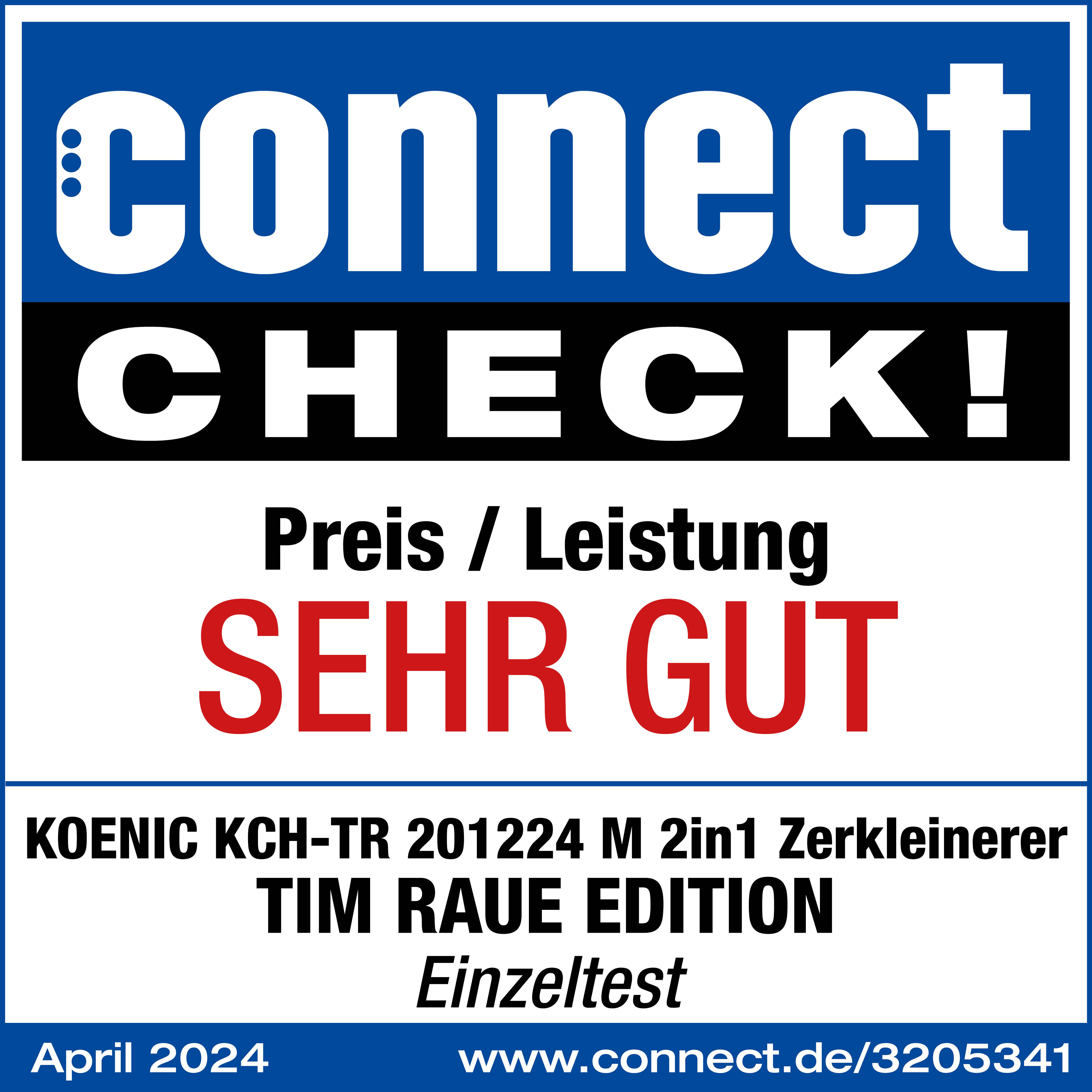 Connect CHECK!-Logo, SEHR GUT für Preis/Leistung, und 2in1 Zerkleinerer-Einzeltest vom April 2024.