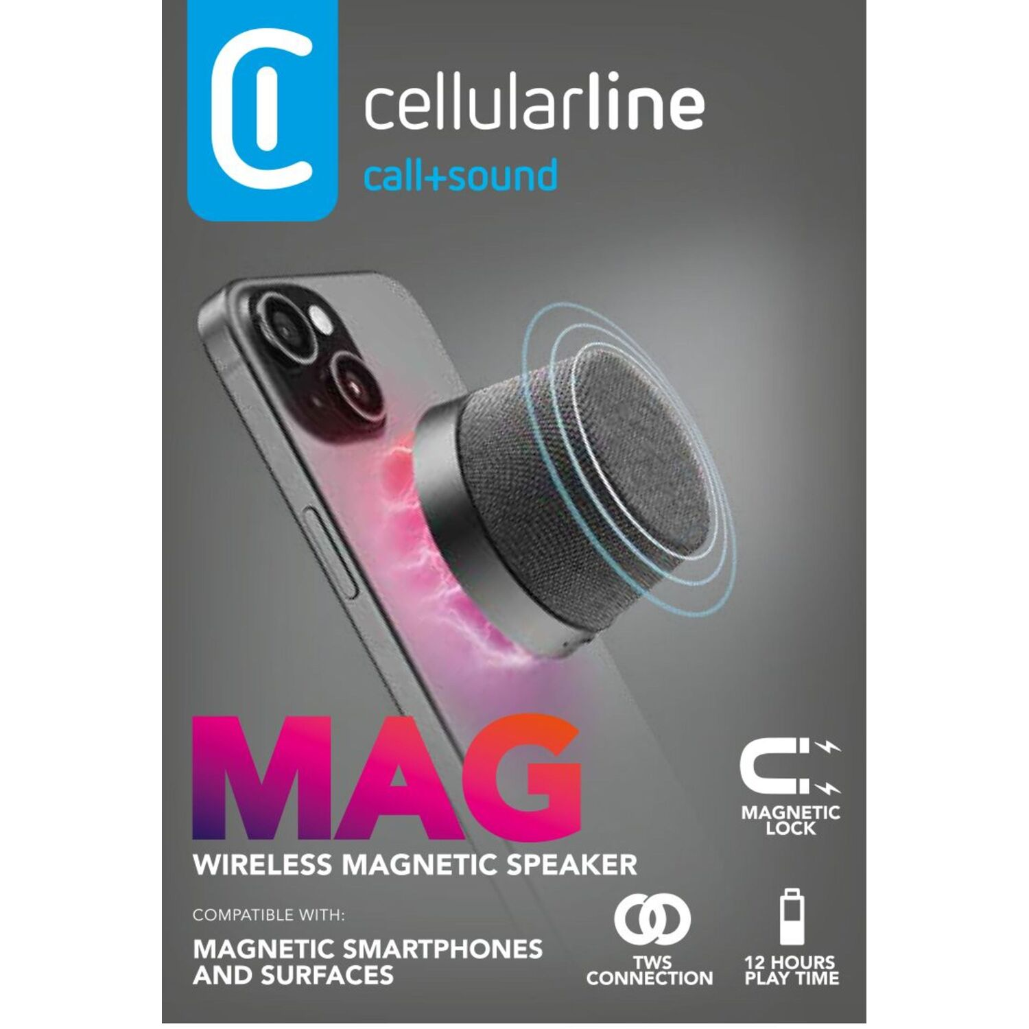 A phone with a magnetic speaker attached, the speaker is black and circular.