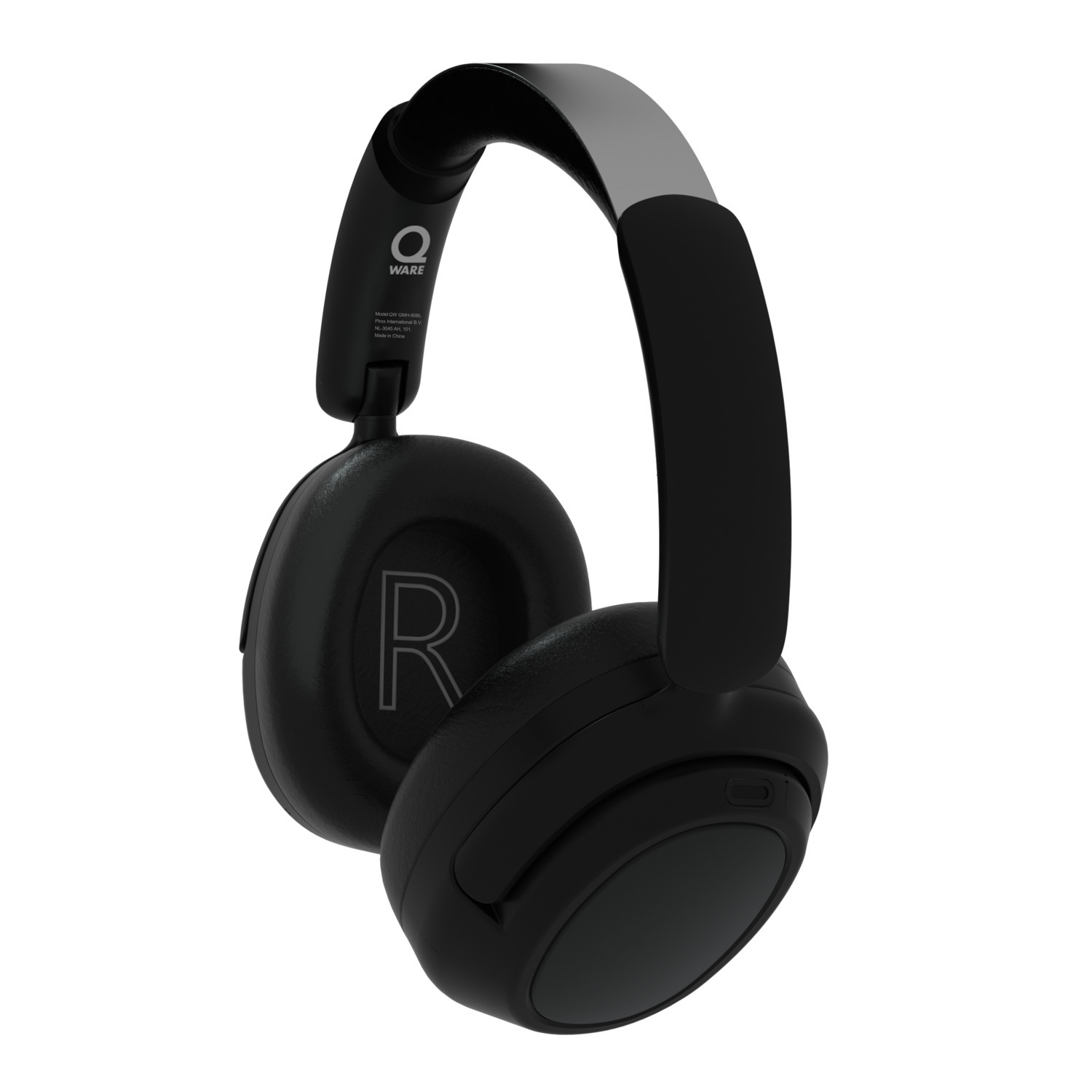 Black and gray wireless headphones with the letter 'R' on the ear cup, isolated on white.
