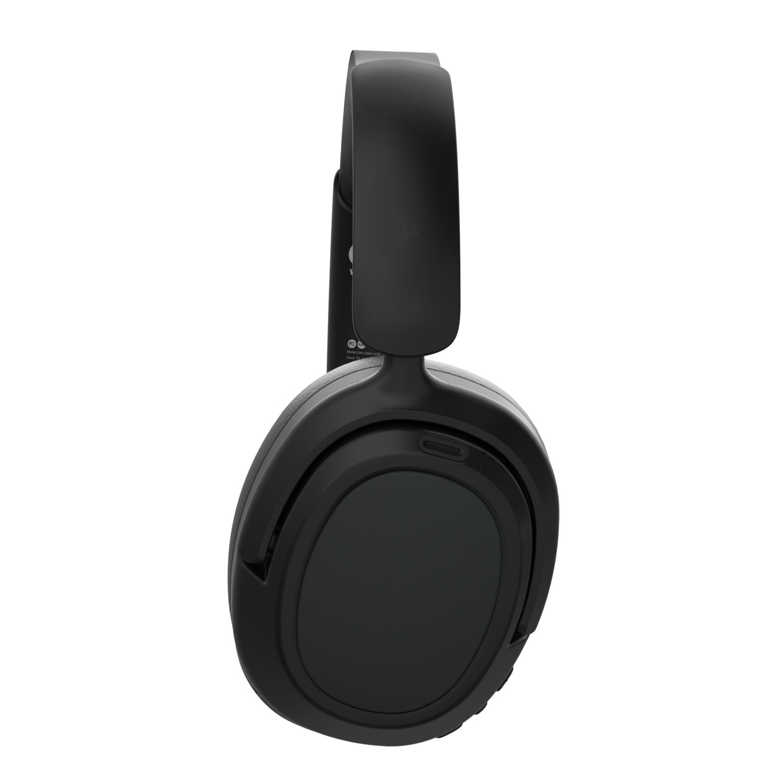 Black headphones with a curved headband, viewed from the side, with minimal branding.