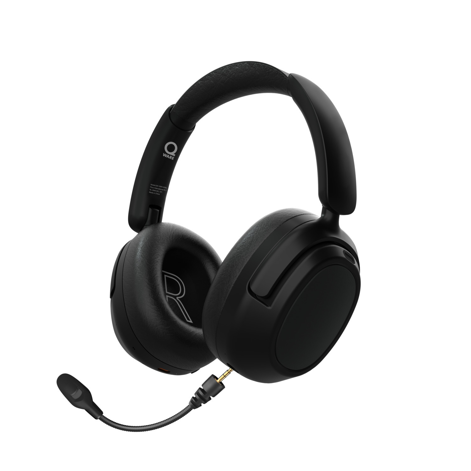 Black headphones with a microphone and a gold-colored 3.5mm jack on a white background.