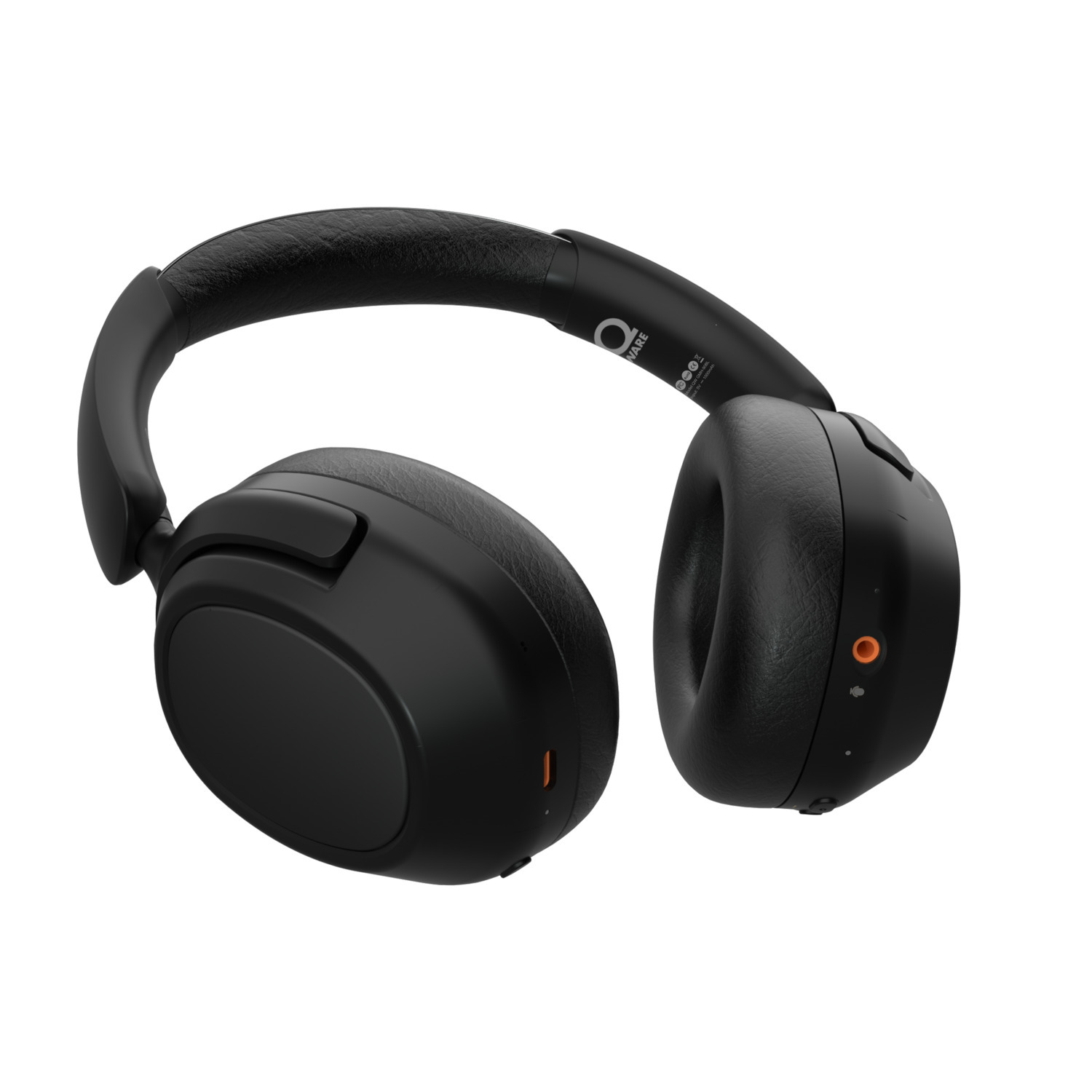 Black headphones with an orange accent and a charging port.