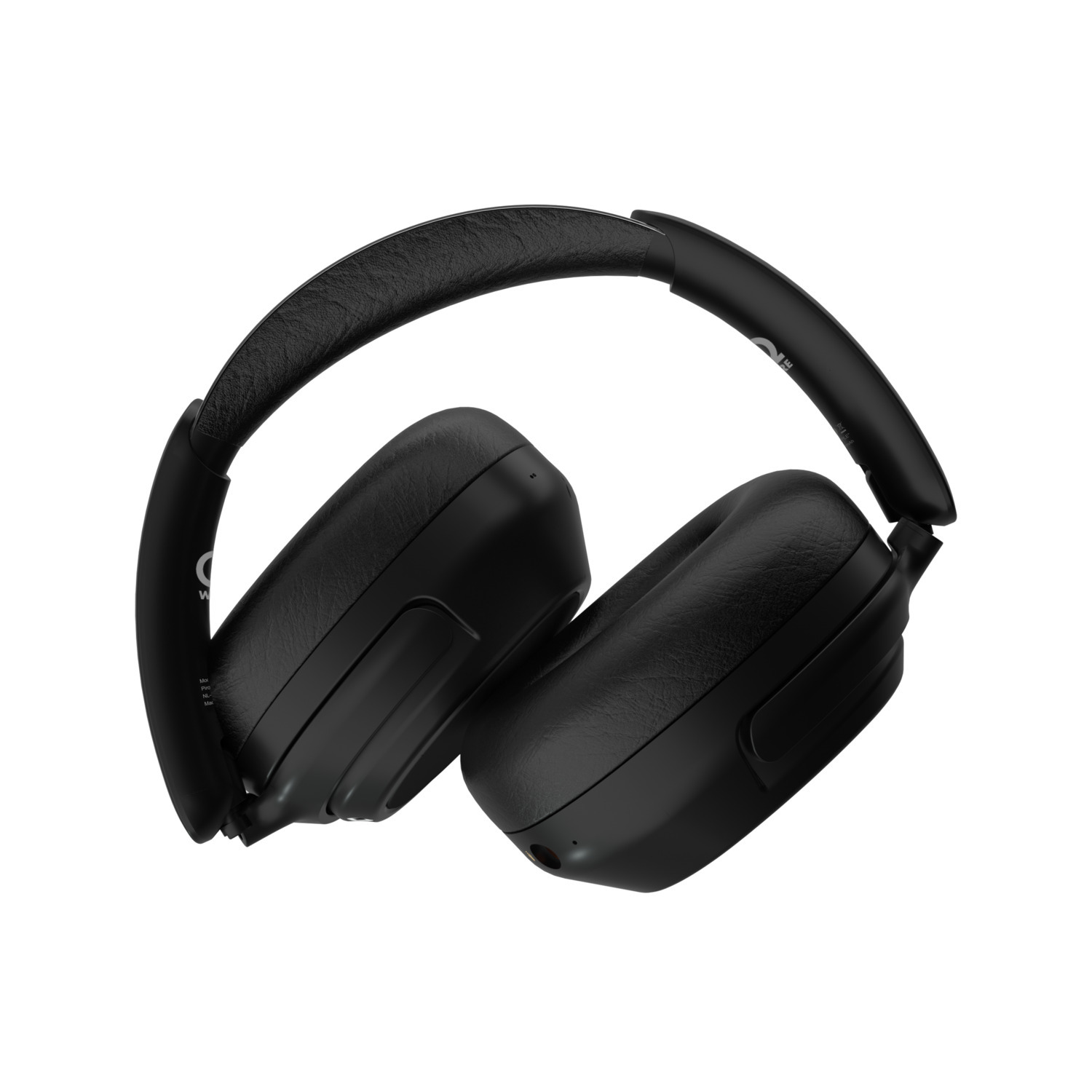Black headphones in a studio shot. The headphones have a leather-like texture. The background is white.