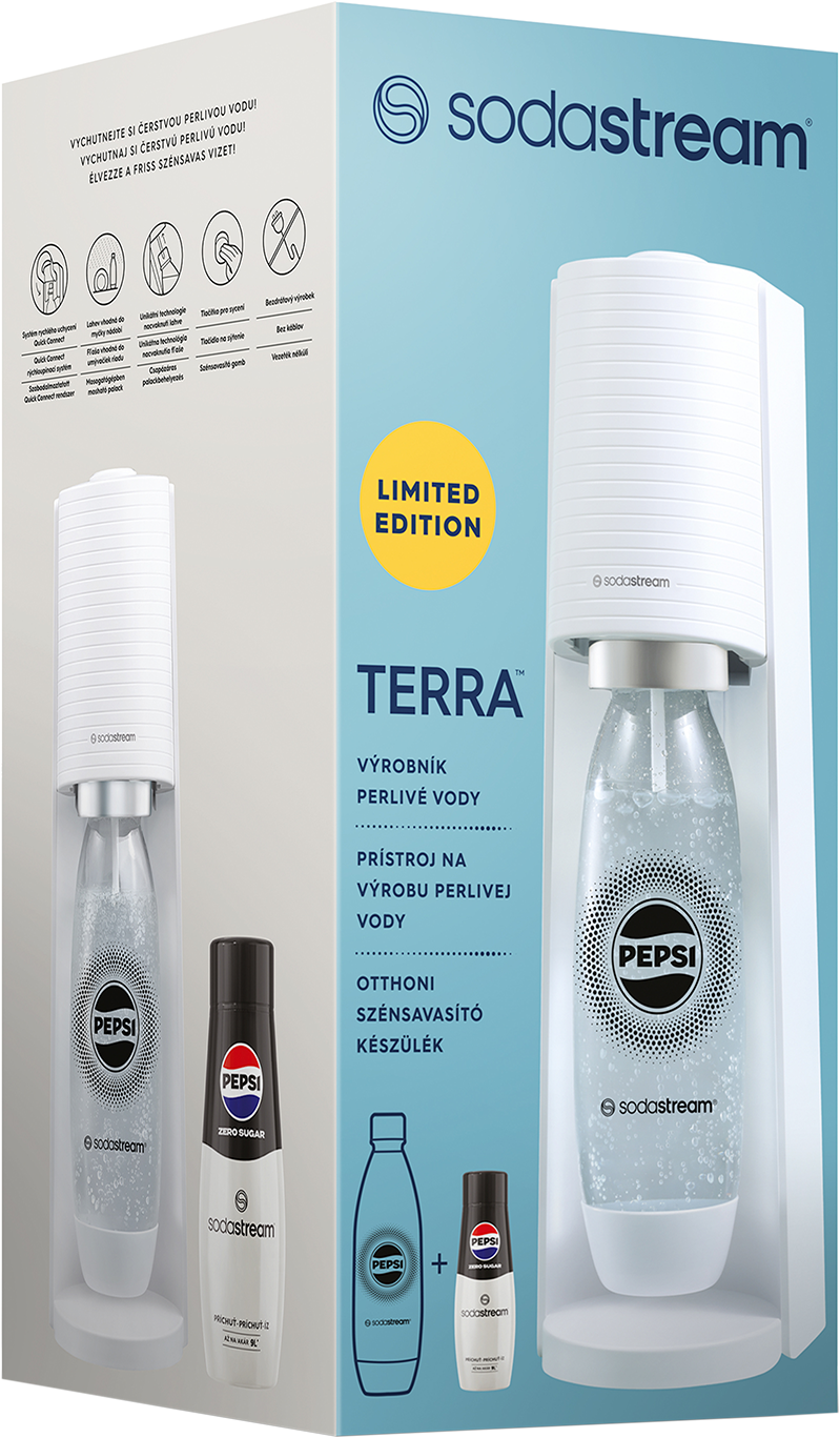 Egy Sodastream Terra doboz egy SodaStream géppel, két palackkal és egy Pepsi palackkal.