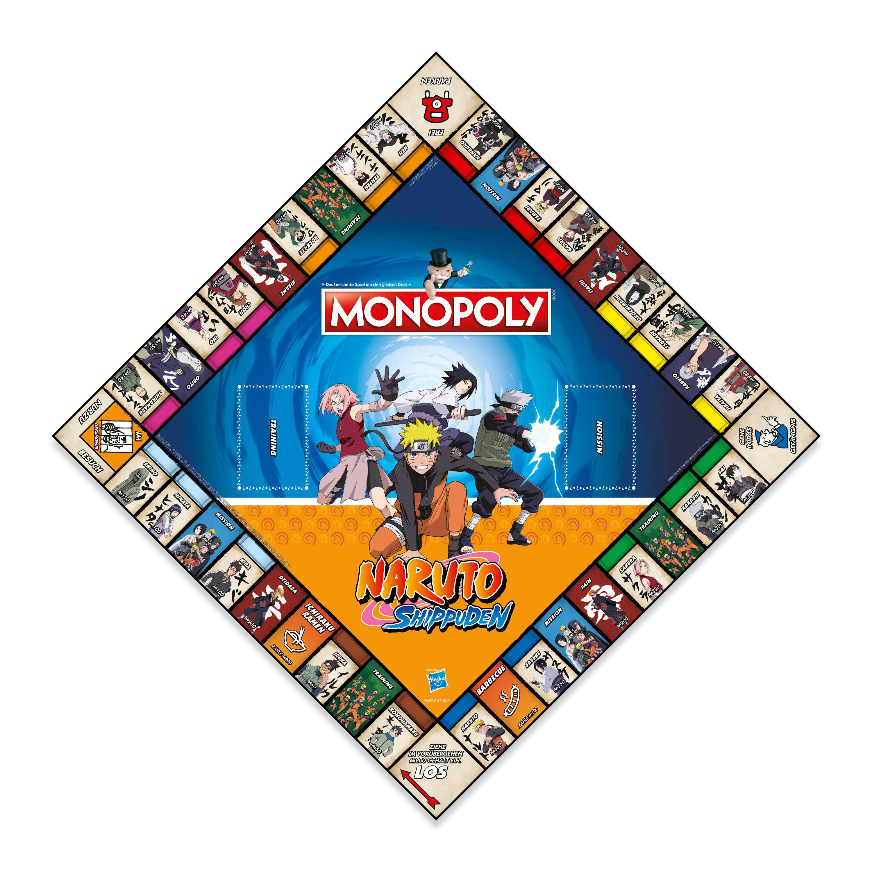 Naruto Monopoly Brettspiel. Mit Naruto-Charakteren in der Mitte. Quadratisches Brett.