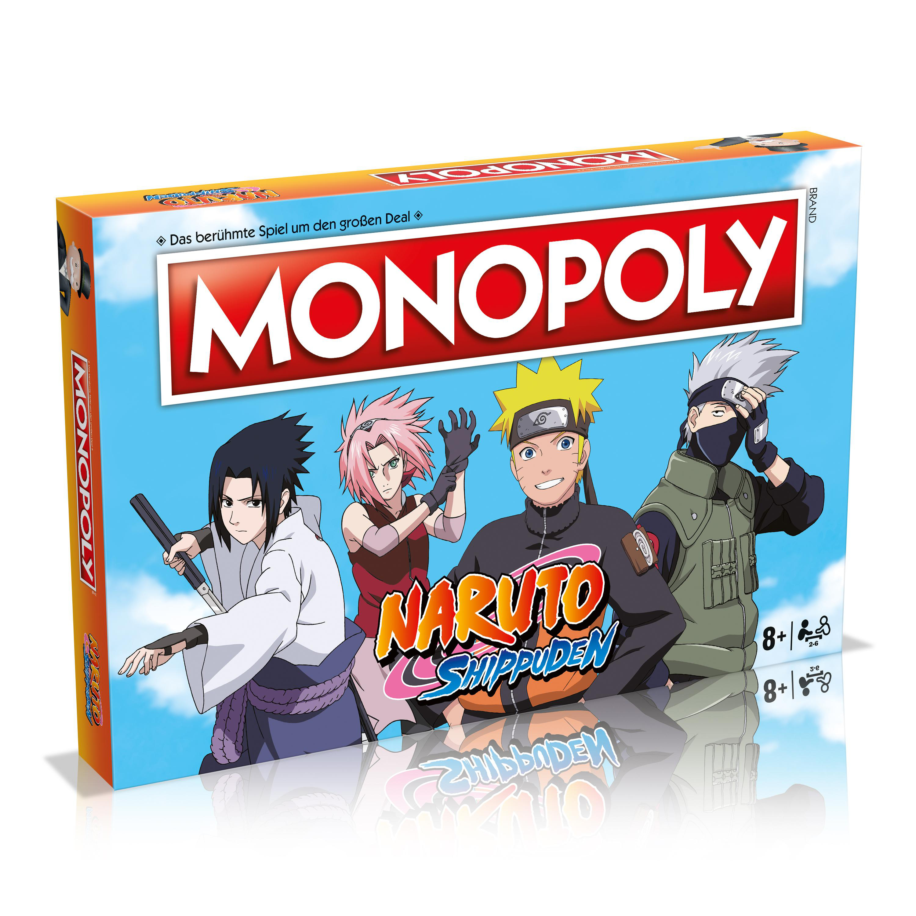 Monopoly: Naruto Shippuden Brettspielbox. Enthält Naruto, Sasuke, Sakura, Kakashi. Blauer Himmel Hintergrund.