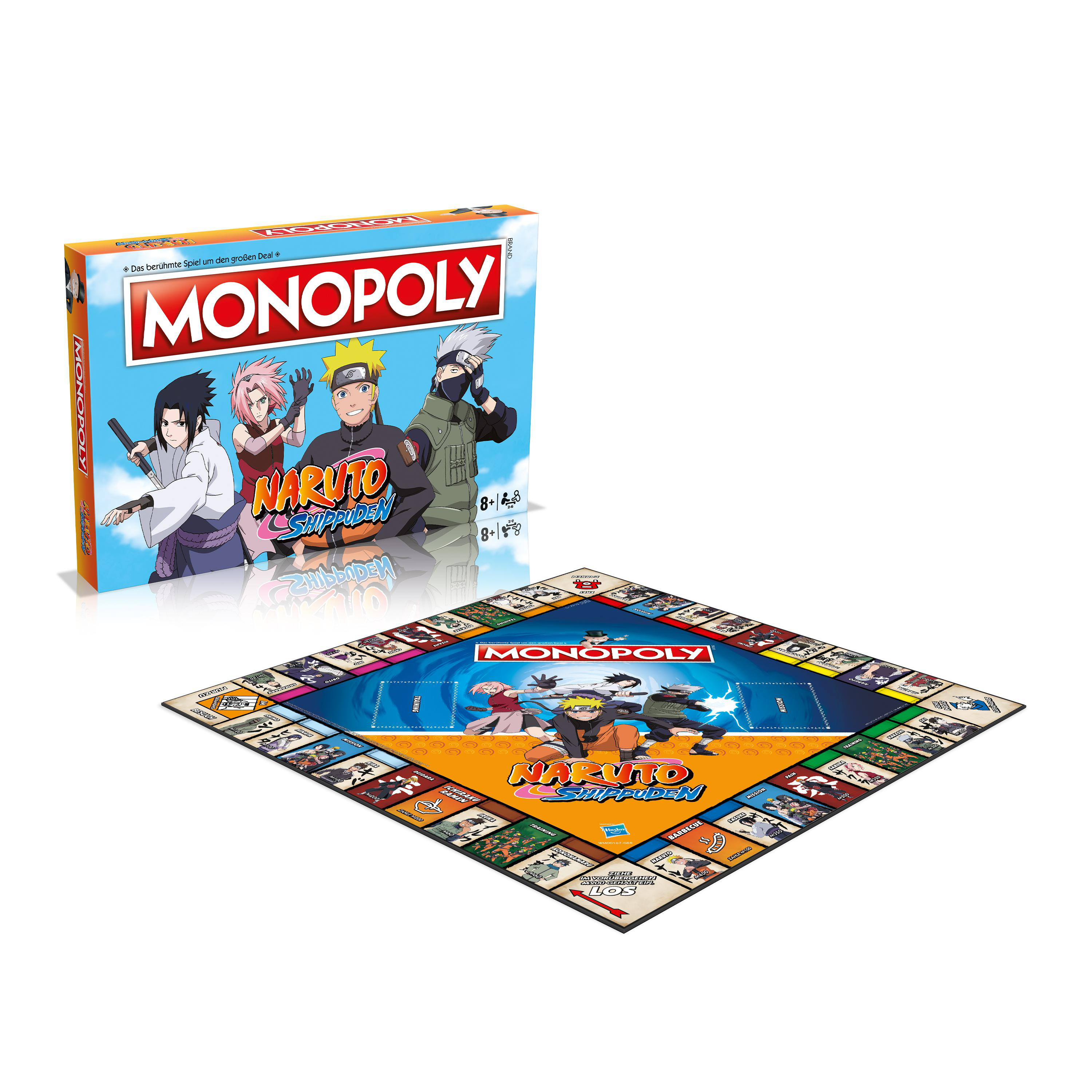 Monopoly-Spielbrett mit Naruto-Charakteren, Spielbox links.