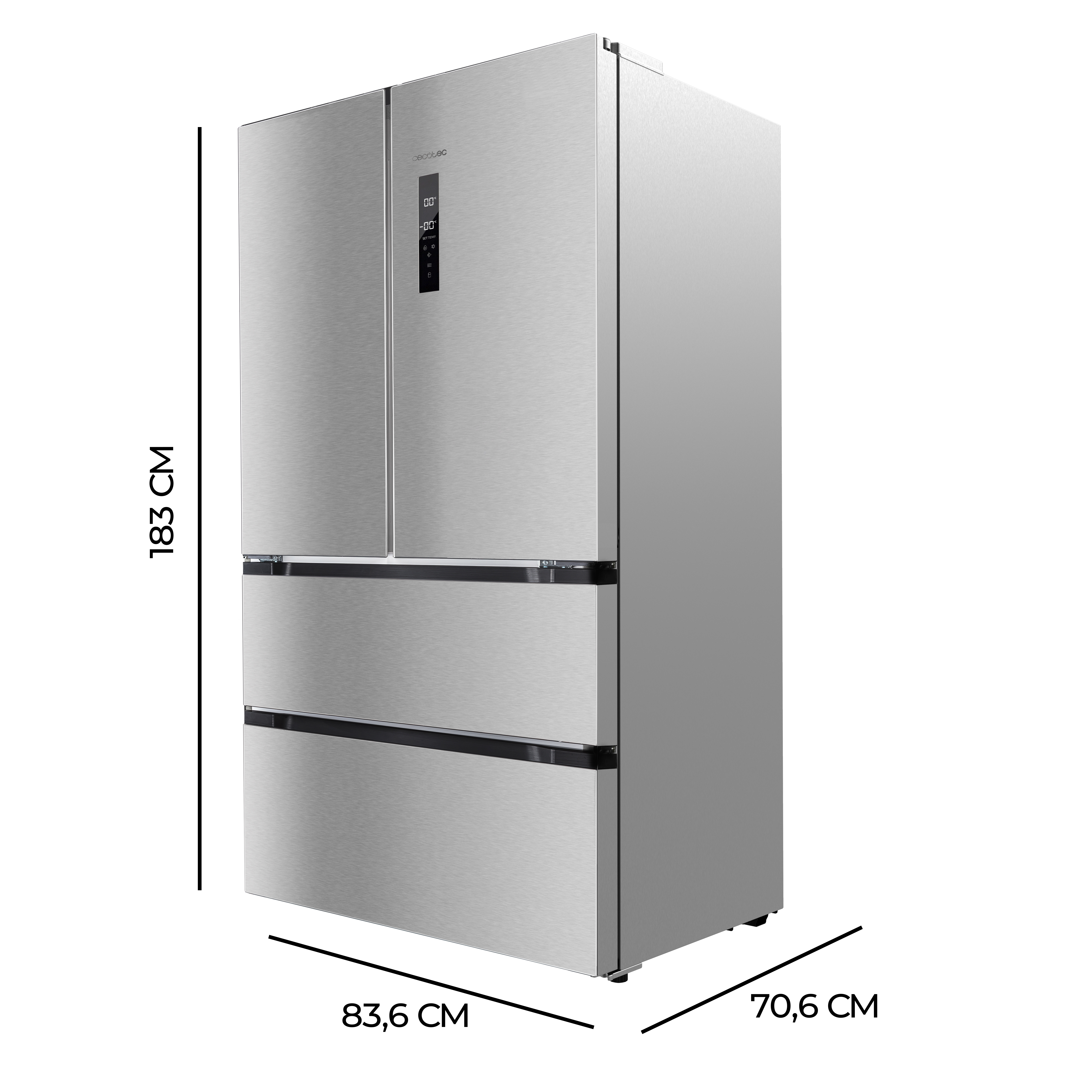 Un refrigerador de acero inoxidable con tres puertas y dimensiones etiquetadas.