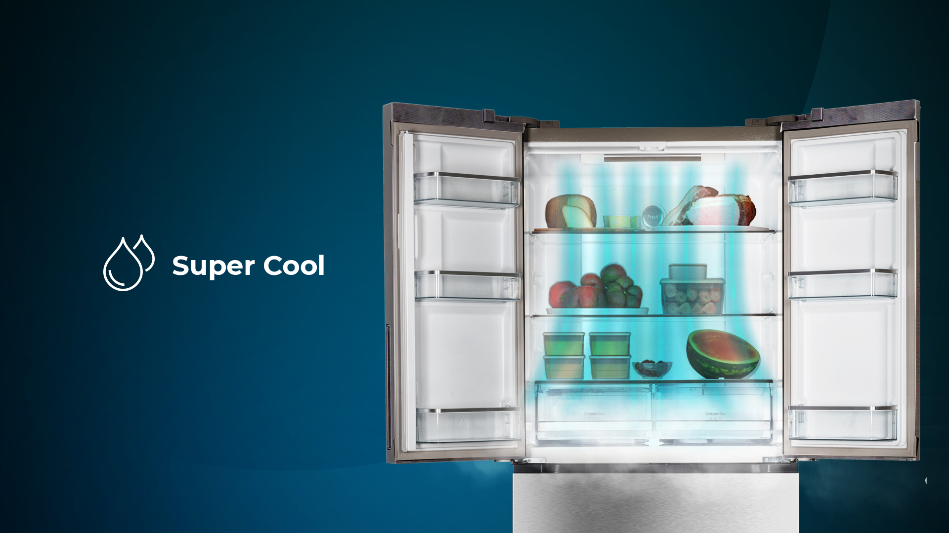 Refrigerador abierto con varios alimentos y luz azul.