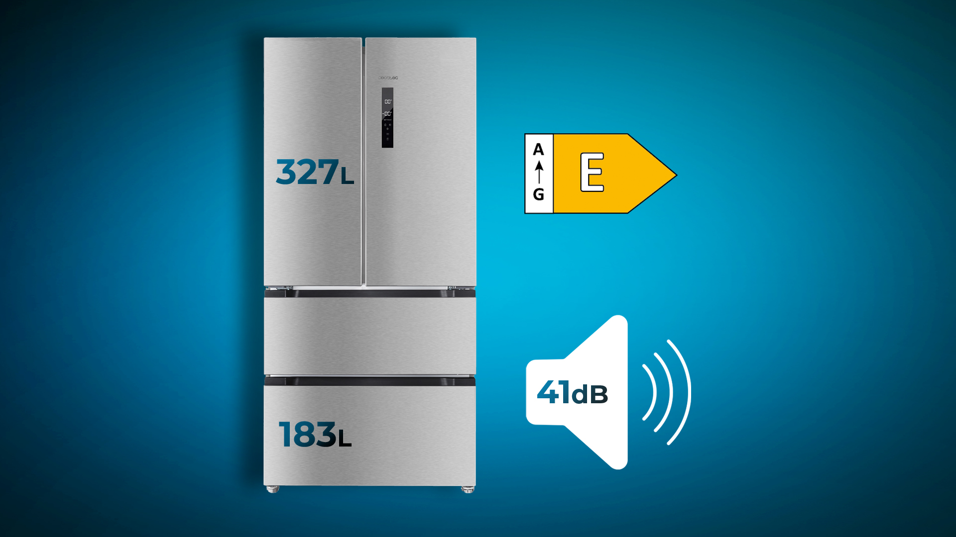 Frigorífico Haier plateado. Muestra 327L y 183L. Eficiencia energética E. Nivel de ruido 41dB.