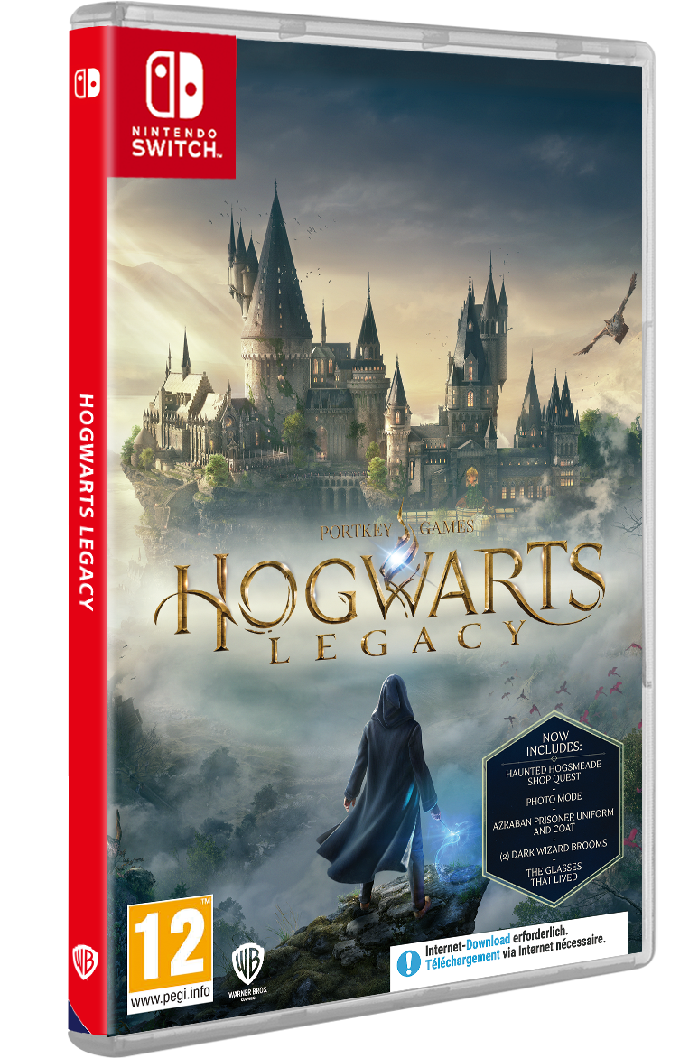 Ein Nintendo Switch-Spielcase für Hogwarts Legacy, mit einer Burg und einer Figur auf dem Cover.