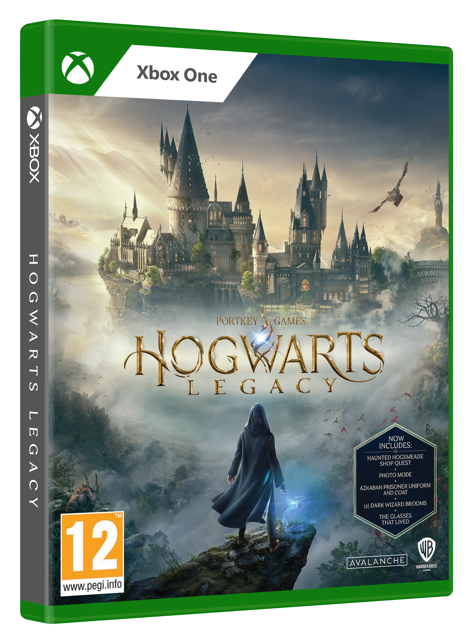 Xbox One Spielverpackung für Hogwarts Legacy. Es zeigt ein Schloss auf einer Klippe, eine Figur und den Spieletitel.