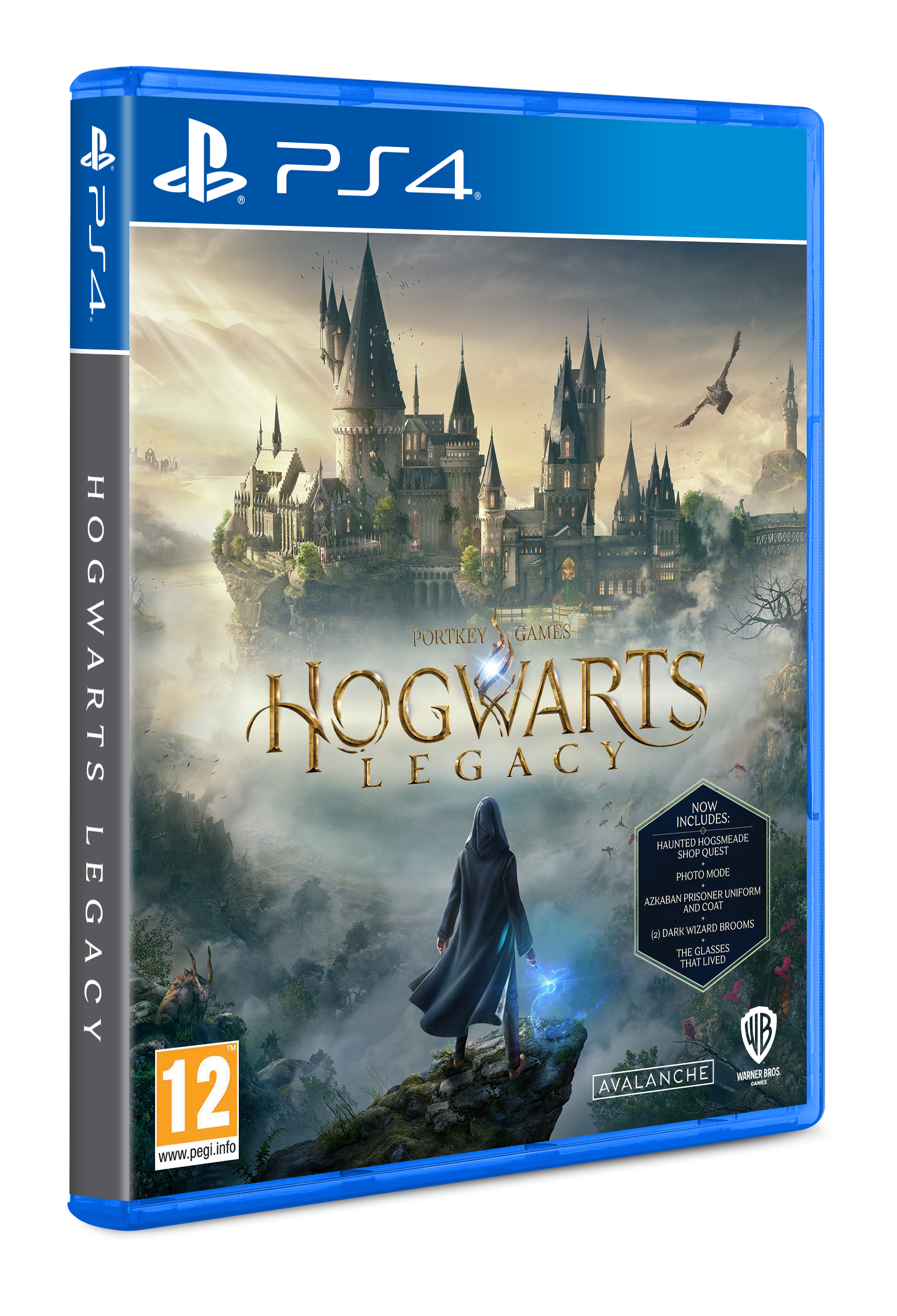 Hogwarts Legacy Spielbox. Charakter auf dem Cover, Burg im Hintergrund, PS4-Logo.