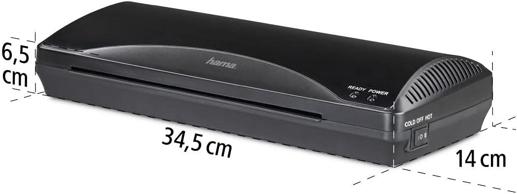 Una plastificadora negra con dimensiones. Tiene etiquetas 'READY POWER' y 'COLD OFF HOT' en su superficie.