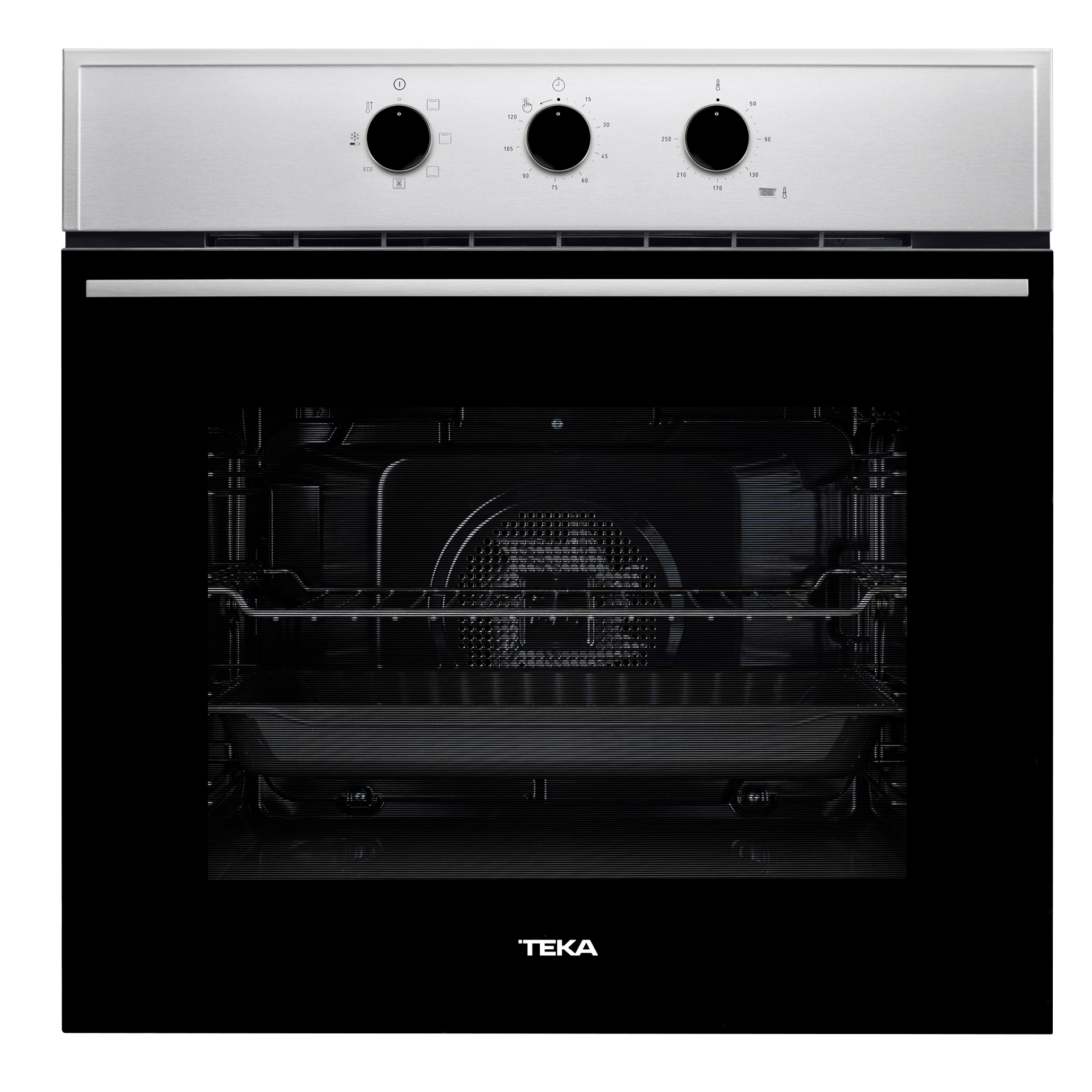 Horno de acero inoxidable con mandos y puerta abierta.