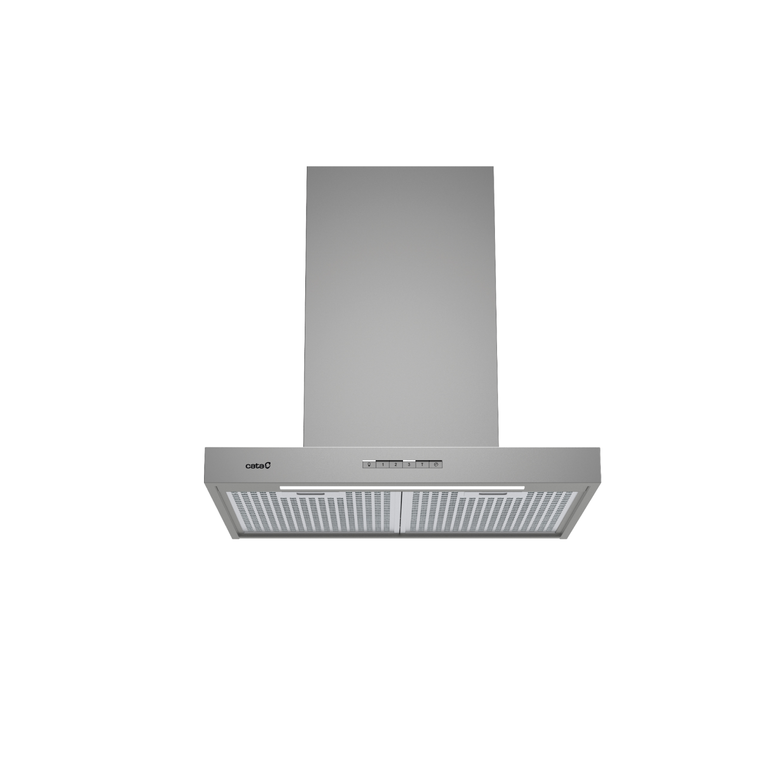 Una campana extractora rectangular de acero inoxidable, con una tira de luz y botones de control, aislada sobre blanco.