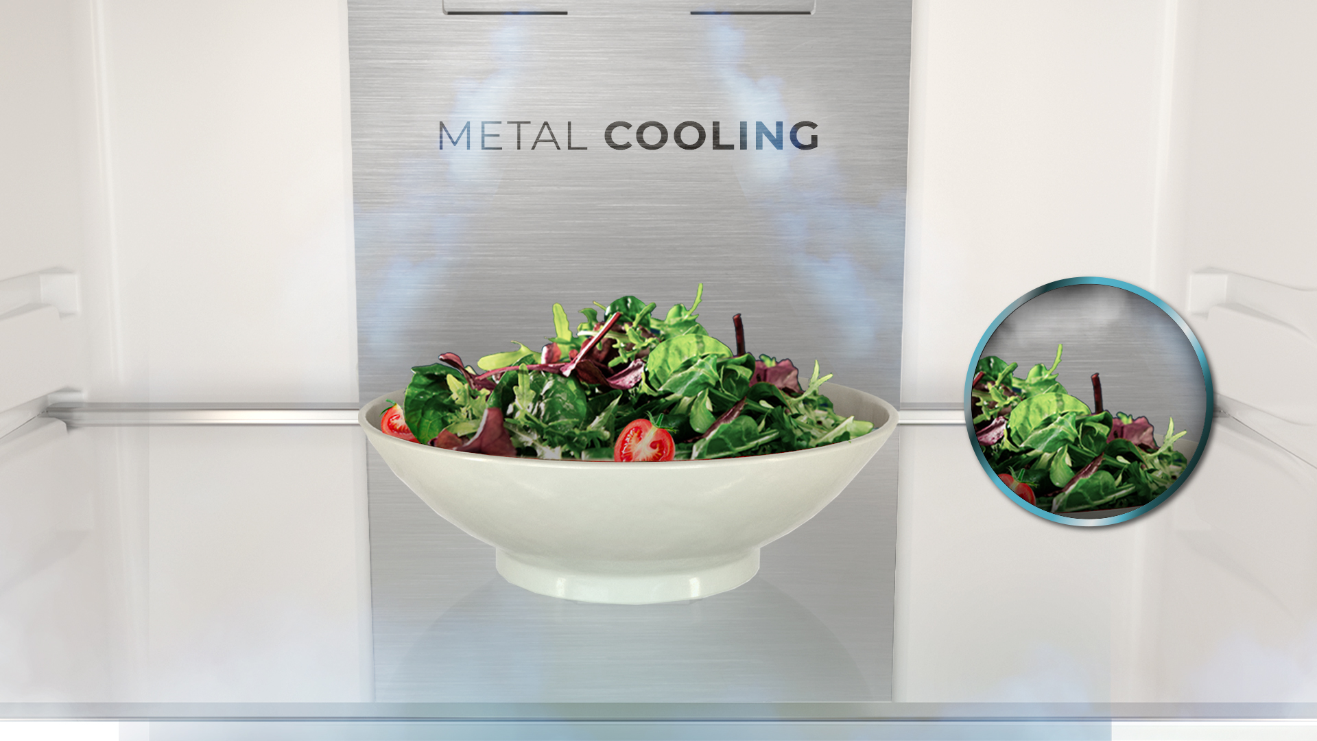 Interior de un refrigerador abierto con un cuenco de ensalada y las palabras 'METAL COOLING'.