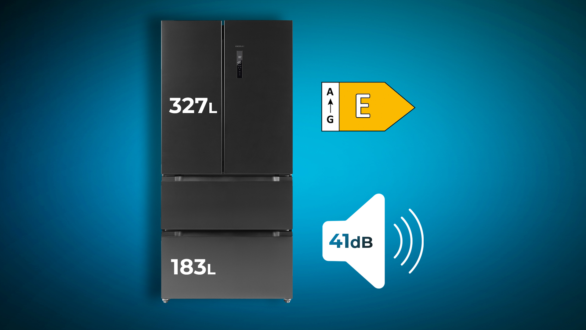Un refrigerador negro con etiquetas de 327L y 183L, etiqueta energética E, y un icono de altavoz.