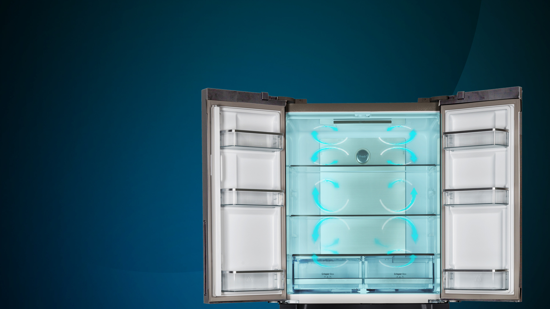 Refrigerador abierto con gráficos de circulación de aire azul, estantes y compartimentos visibles.