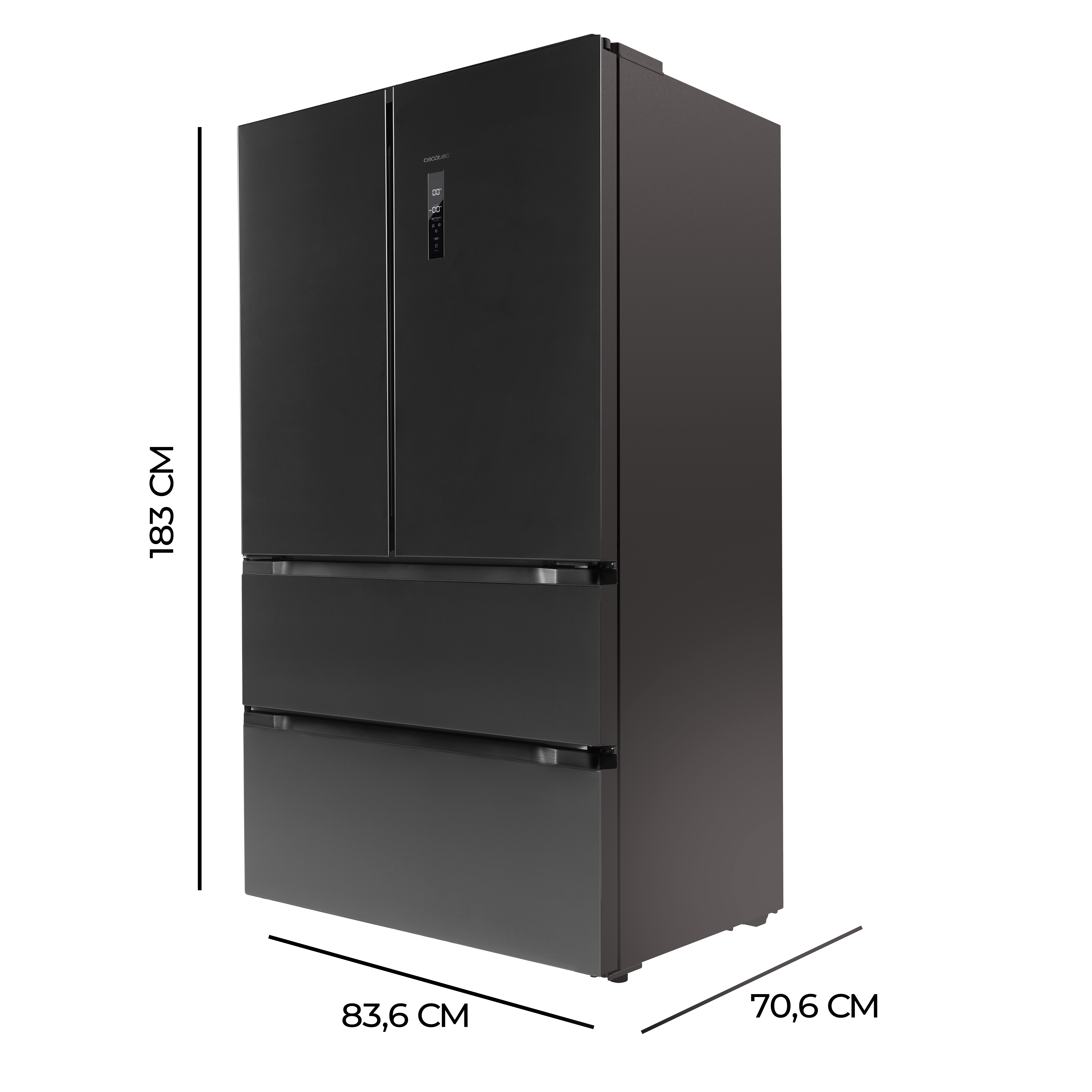 Un refrigerador negro con diseño de múltiples puertas, cajones en la parte inferior, con fondo negro.