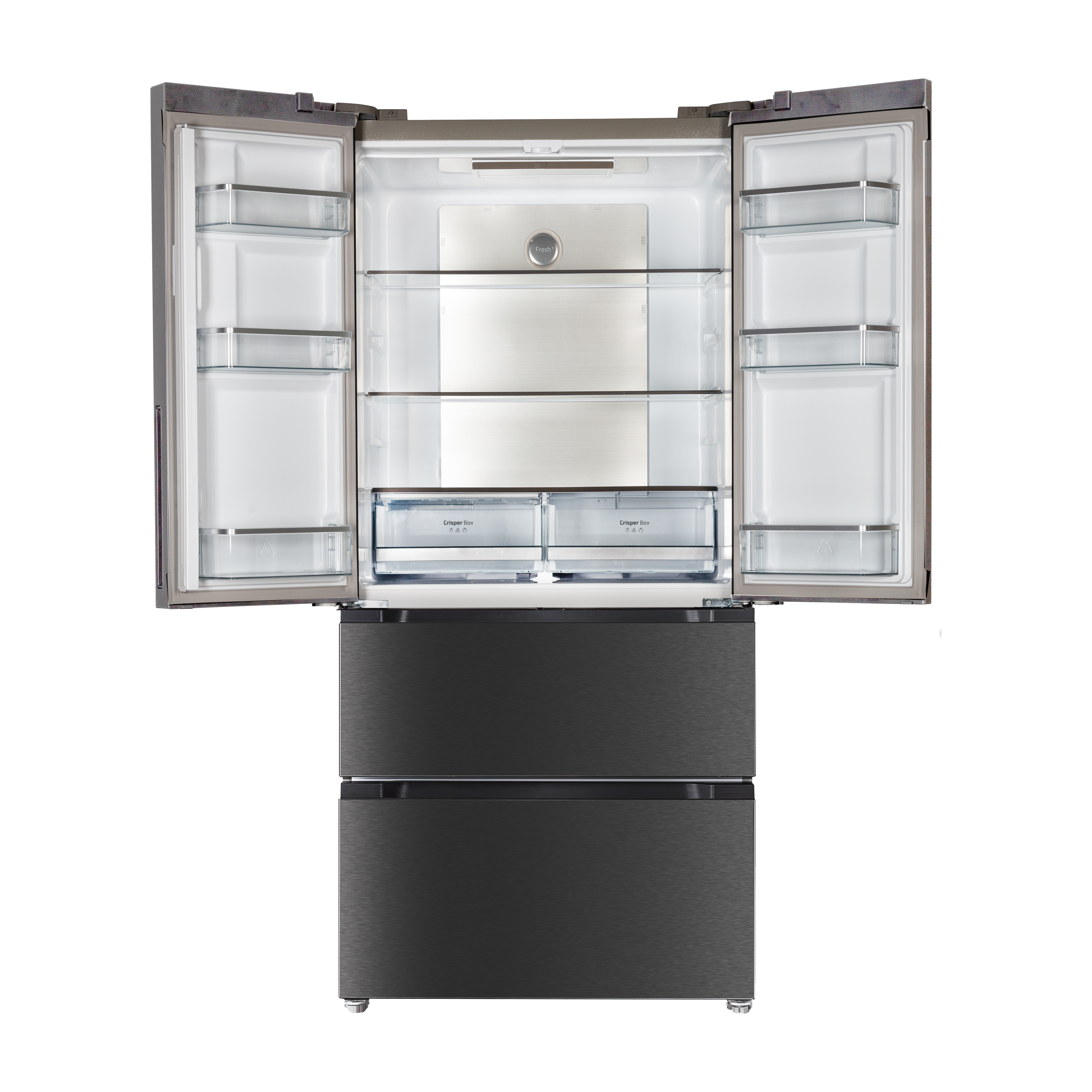 Un refrigerador moderno con puertas abiertas, mostrando estantes y cajones.