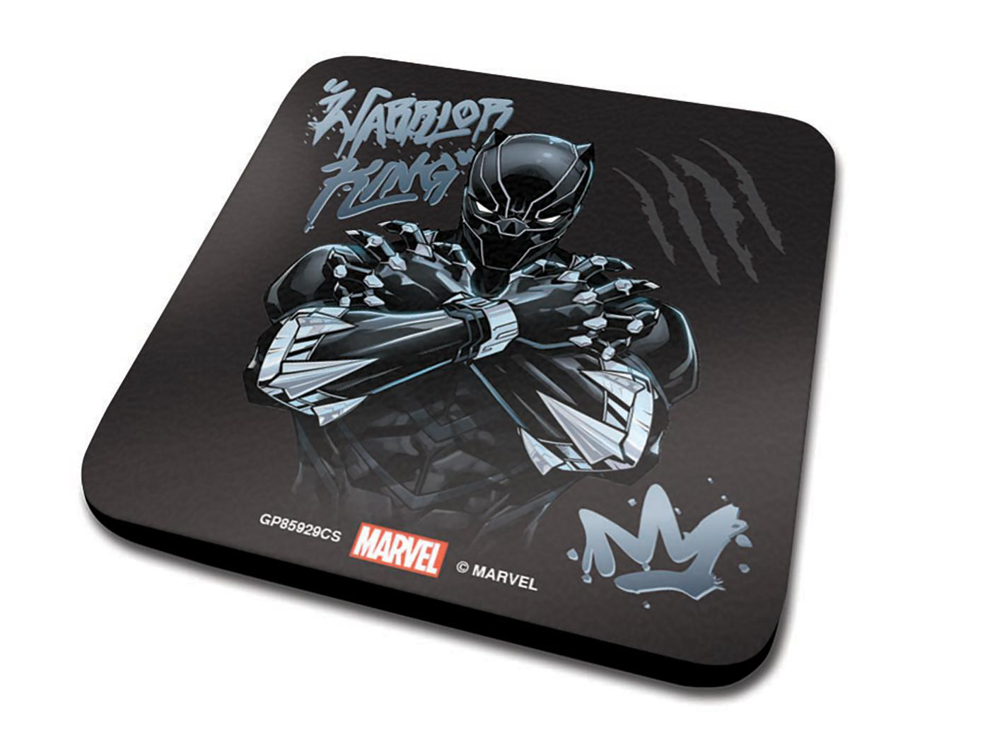 Black Panther Untersetzer mit Black Panther Bild und Marvel Logo. Weißer Hintergrund.
