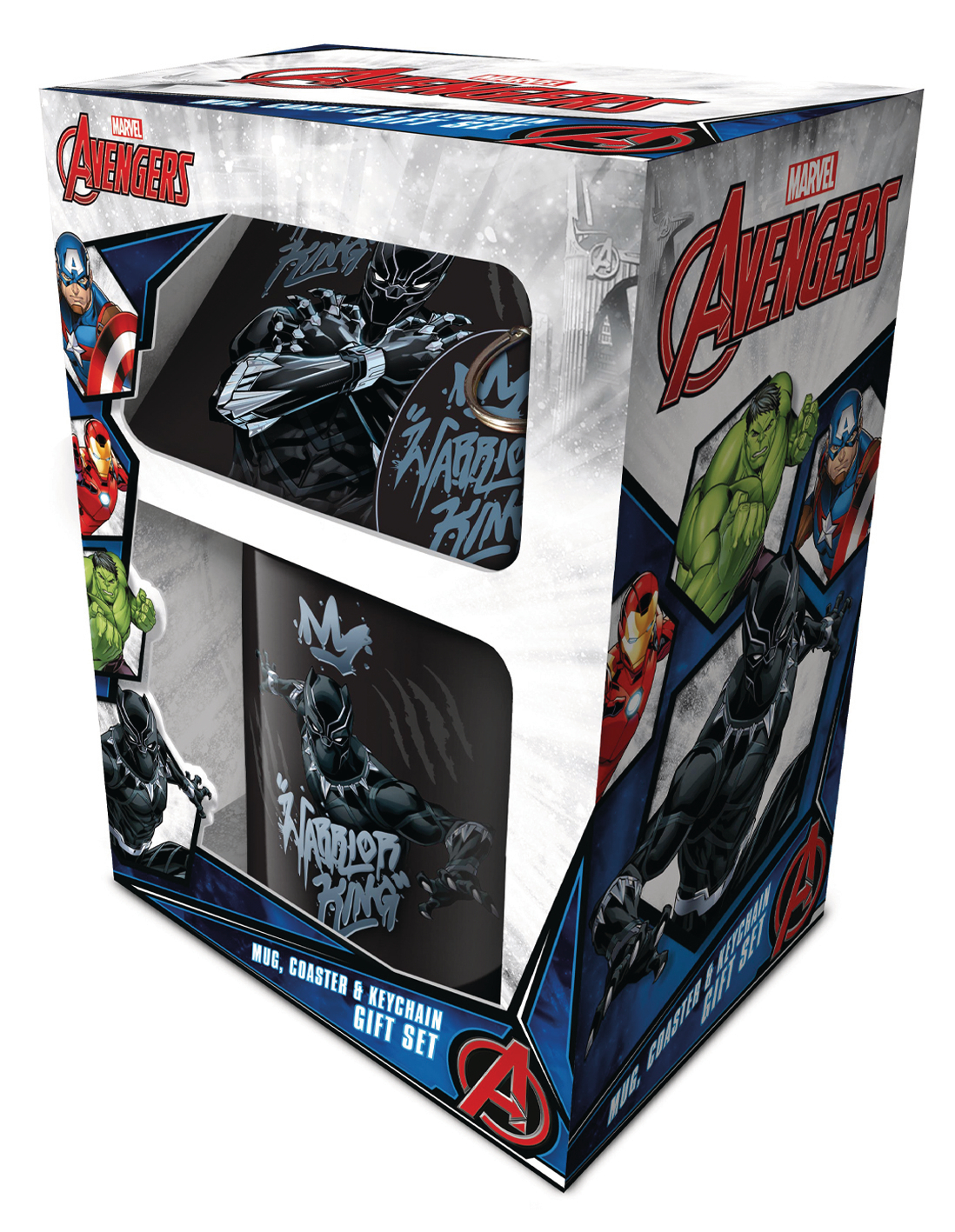 Marvel Avengers Geschenkbox. Enthält einen Becher, einen Untersetzer und einen Schlüsselanhänger mit Black Panther und anderen Helden.