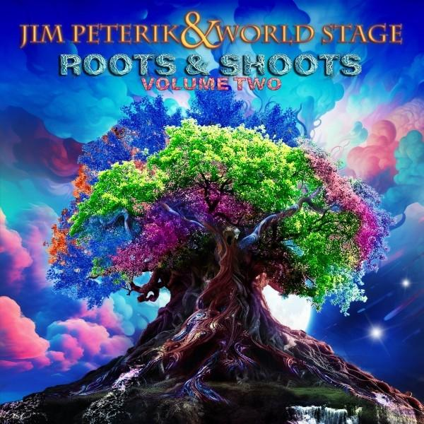 Albumcover mit buntem Baum und dem Text "Jim Peterik & World Stage Roots & Shoots Volume Two".